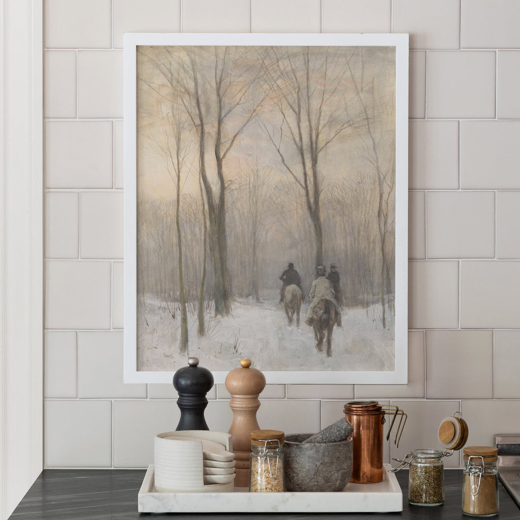 riders in the snow art print framed in white, size 20 x 24
