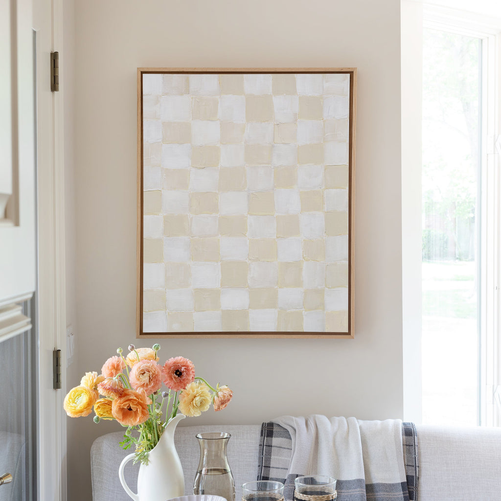 ivory checks canvas framed in gallery natural, size 24 x 30 
