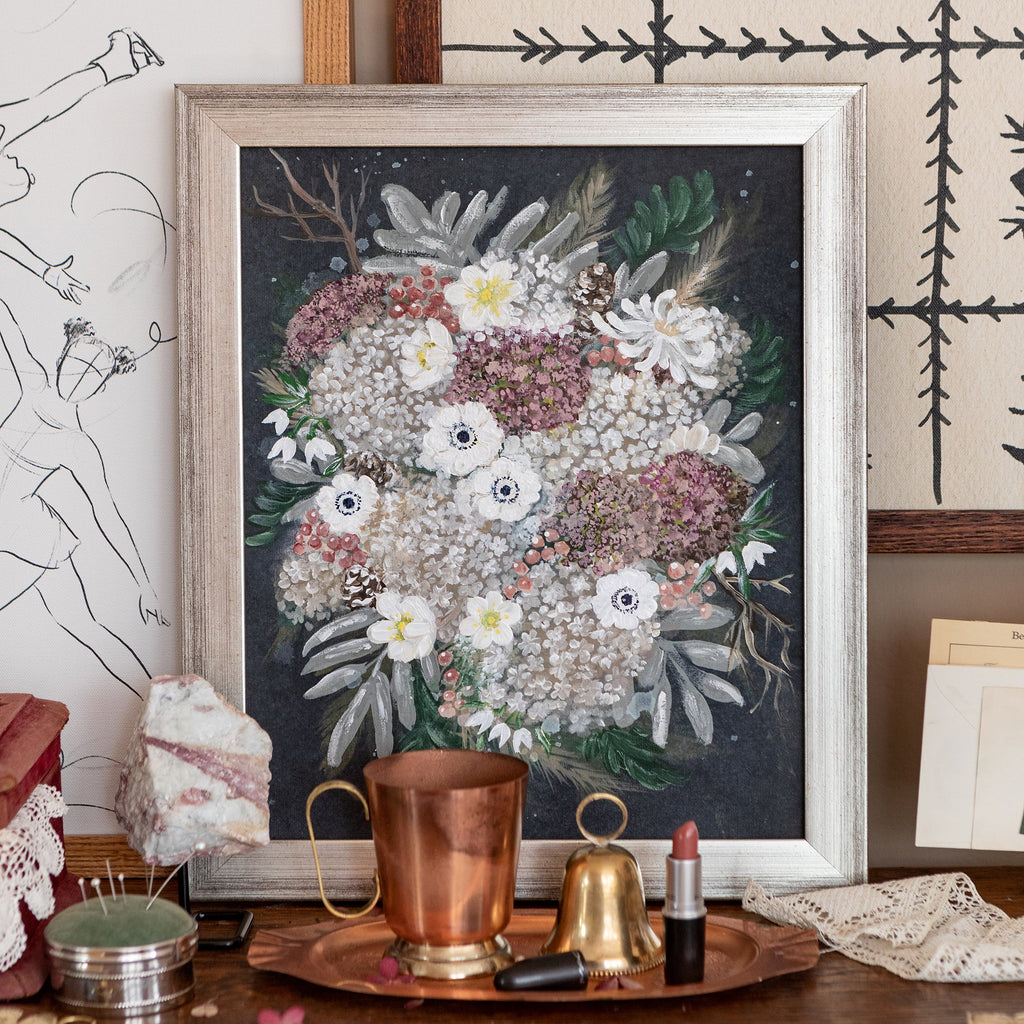 moonlit blooms art print framed in vintage frame, size 11 x 14