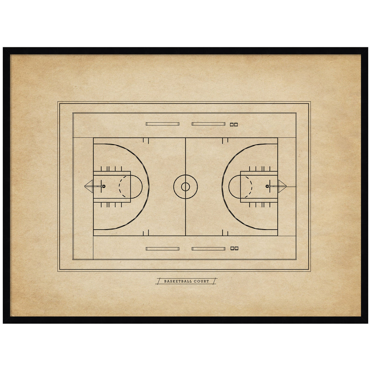 Vintage Sports Basketball Court Diagram Horizontal by The Creative Bunch Studio Framed Wall Art Print