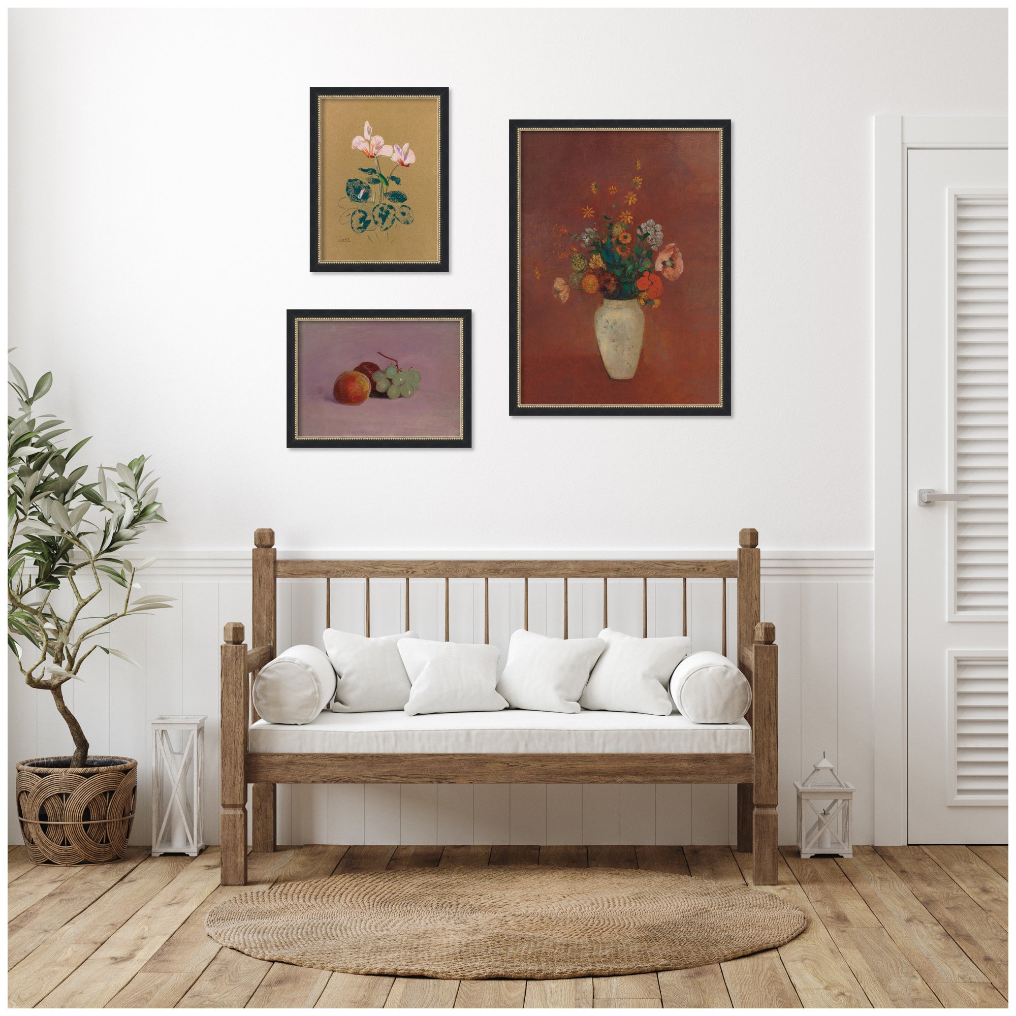 3 Piece Framed Wall Art Print Set (Cyclamen, Still Life with Fruit, & Bouquet in a Chinese Vase)