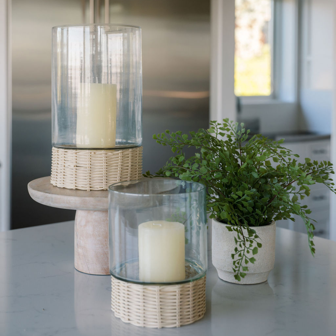 Handcrafted Clear Glass and Natural Rattan Candleholder