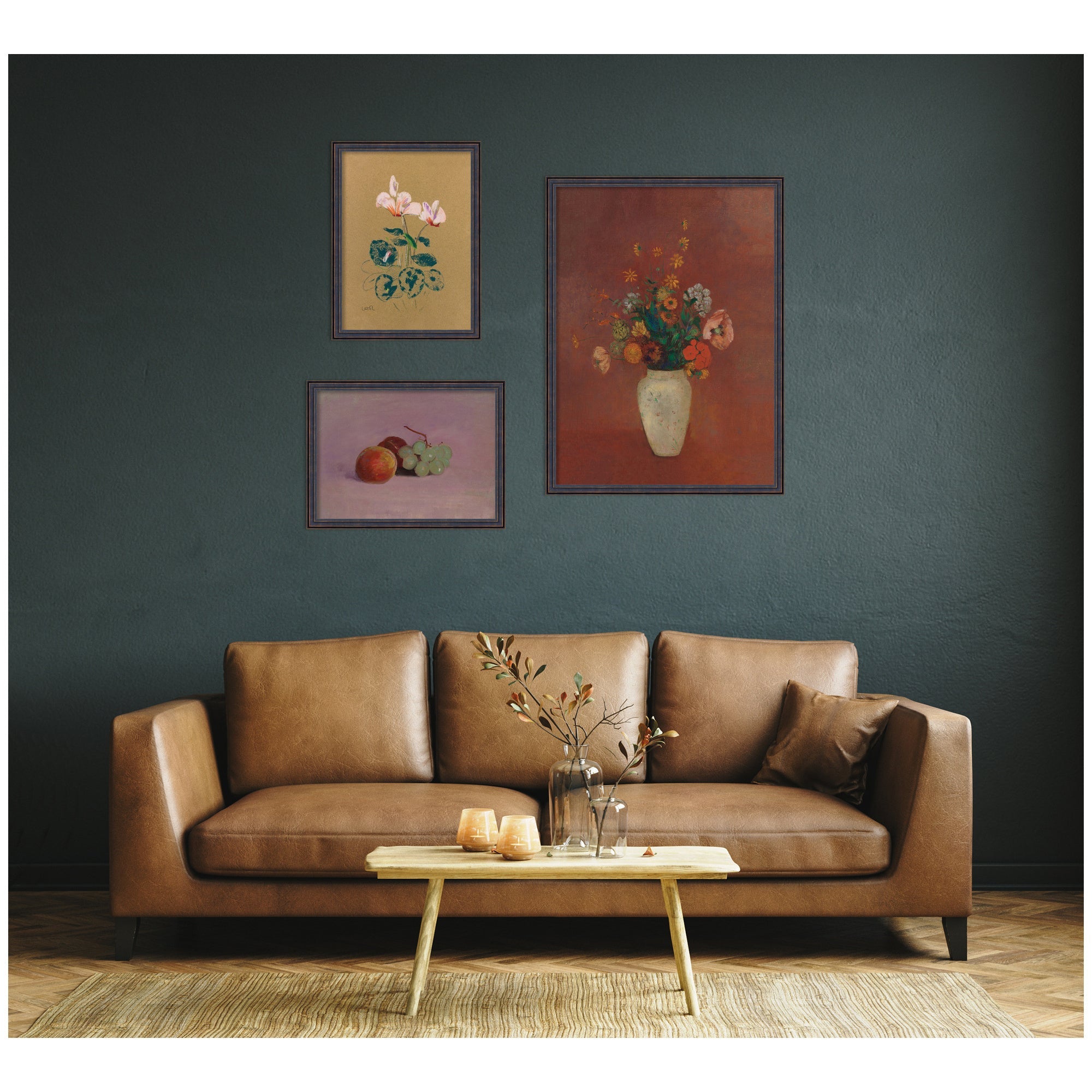 3 Piece Framed Wall Art Print Set (Cyclamen, Still Life with Fruit, & Bouquet in a Chinese Vase)