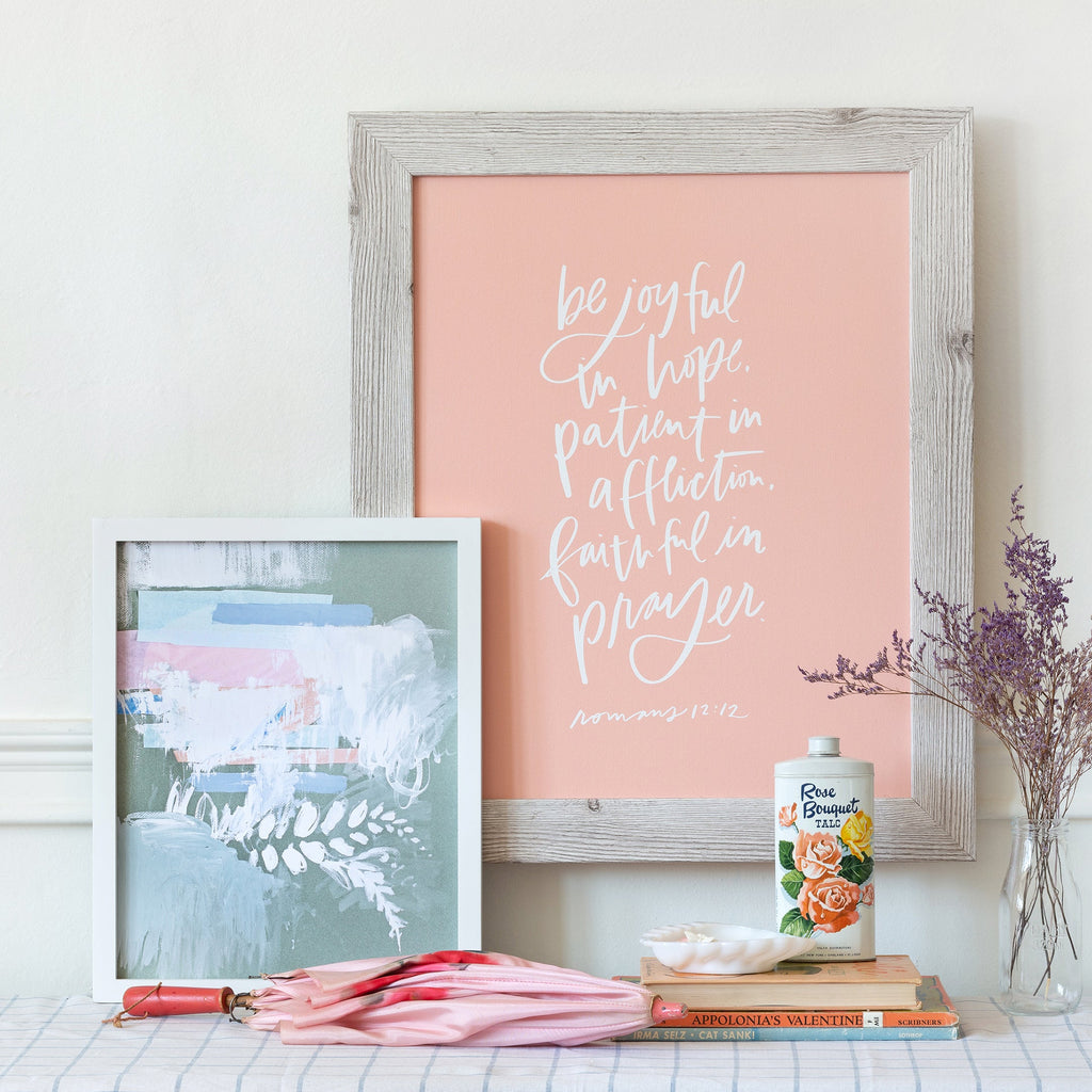 be joyful in perfect peach framed in coastal white, size 16 x 20 with secret garden, size 11 x 14