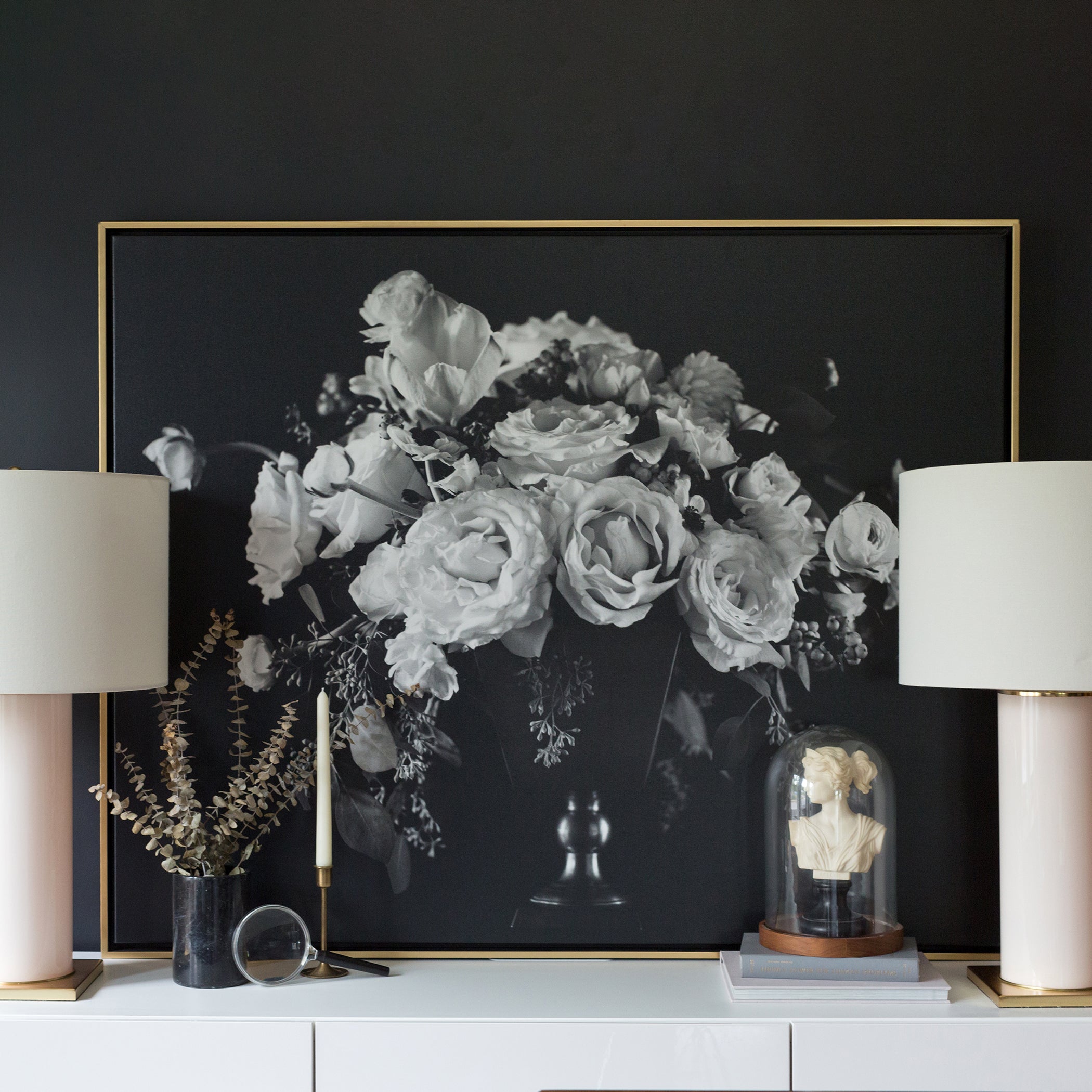 Epic Black Floral framed in gallery brass, size 50 x 40