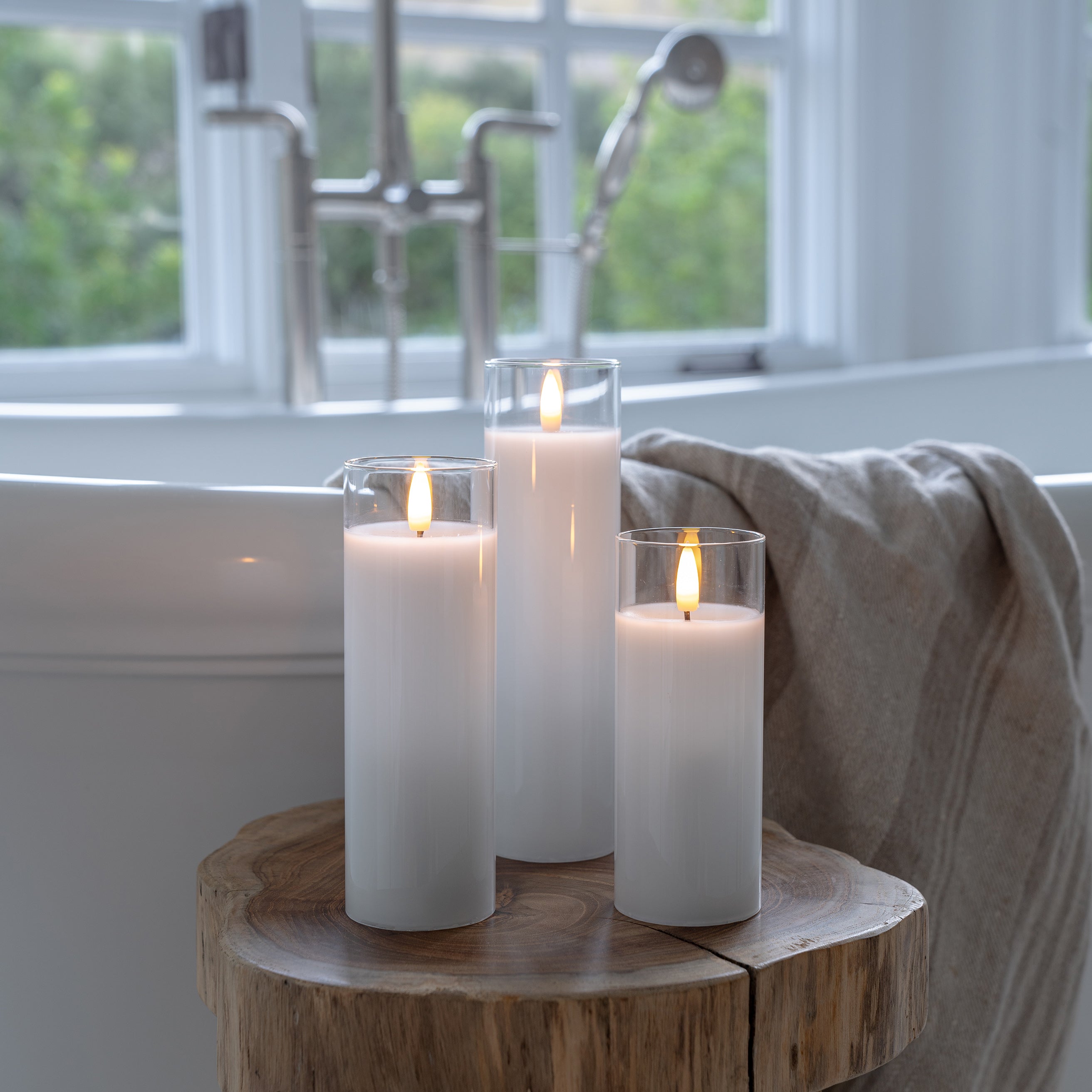White Pillar Flameless LED Glass Candle (Slender – Set of 3)