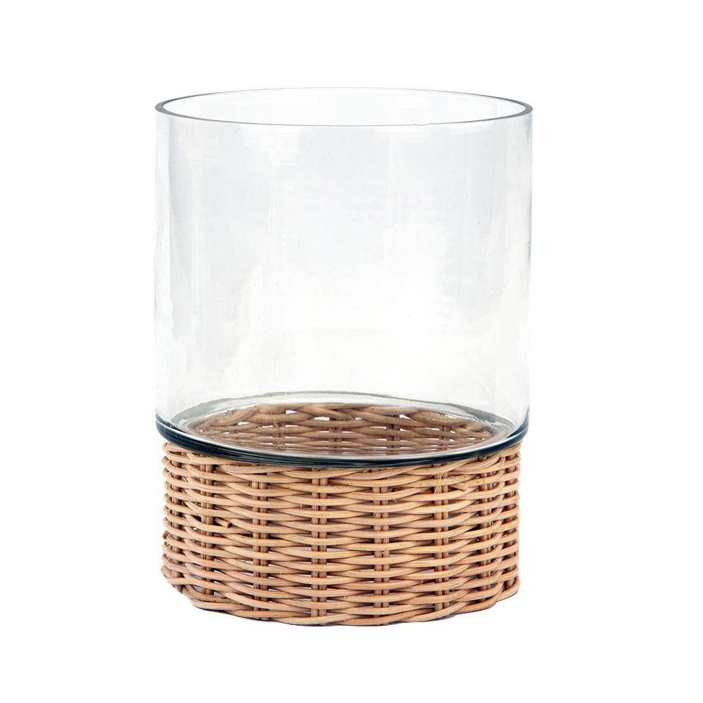 Handcrafted Clear Glass and Natural Rattan Candleholder