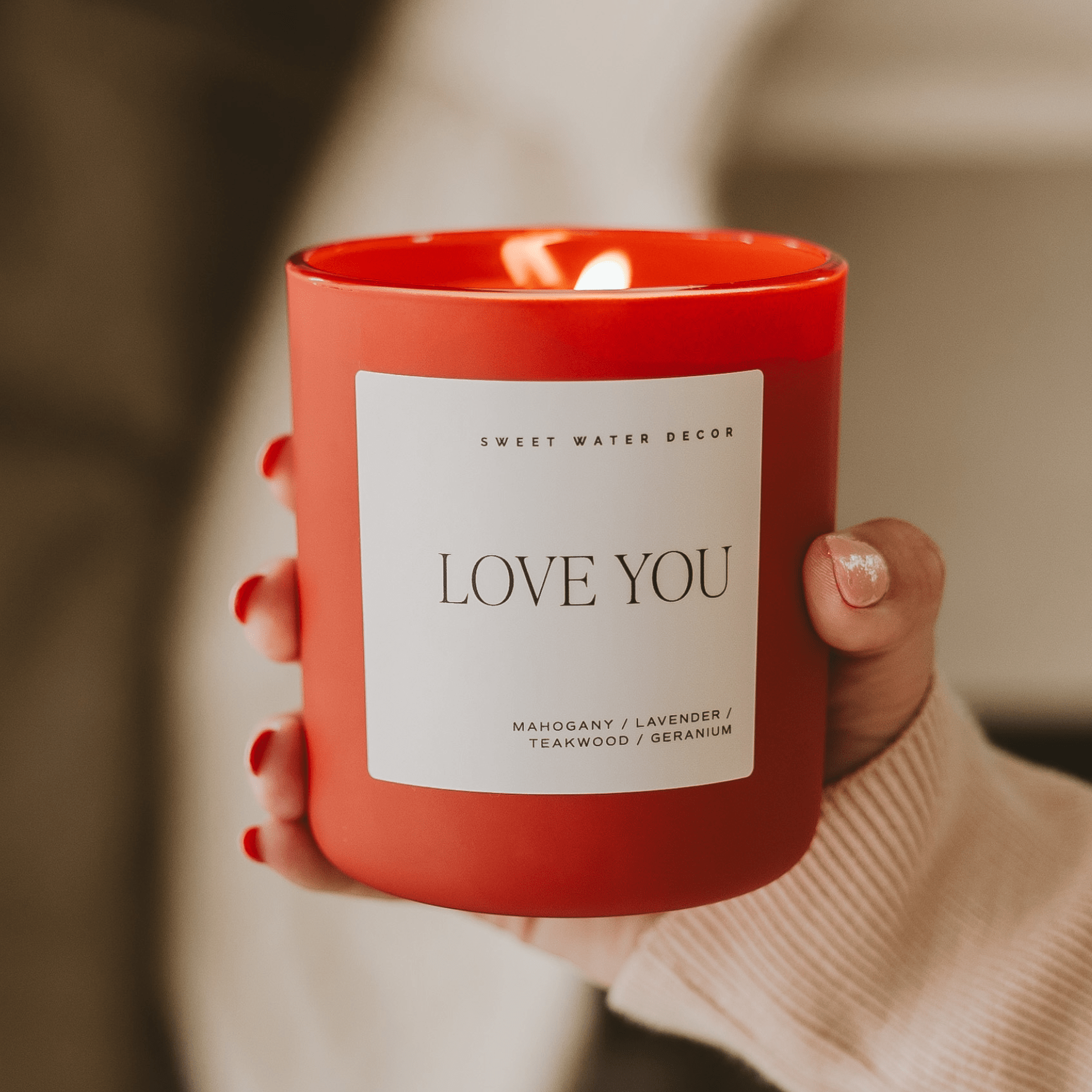 Love You Soy Candle (15 oz Red Matte Jar - Driftwood and Mahogany)