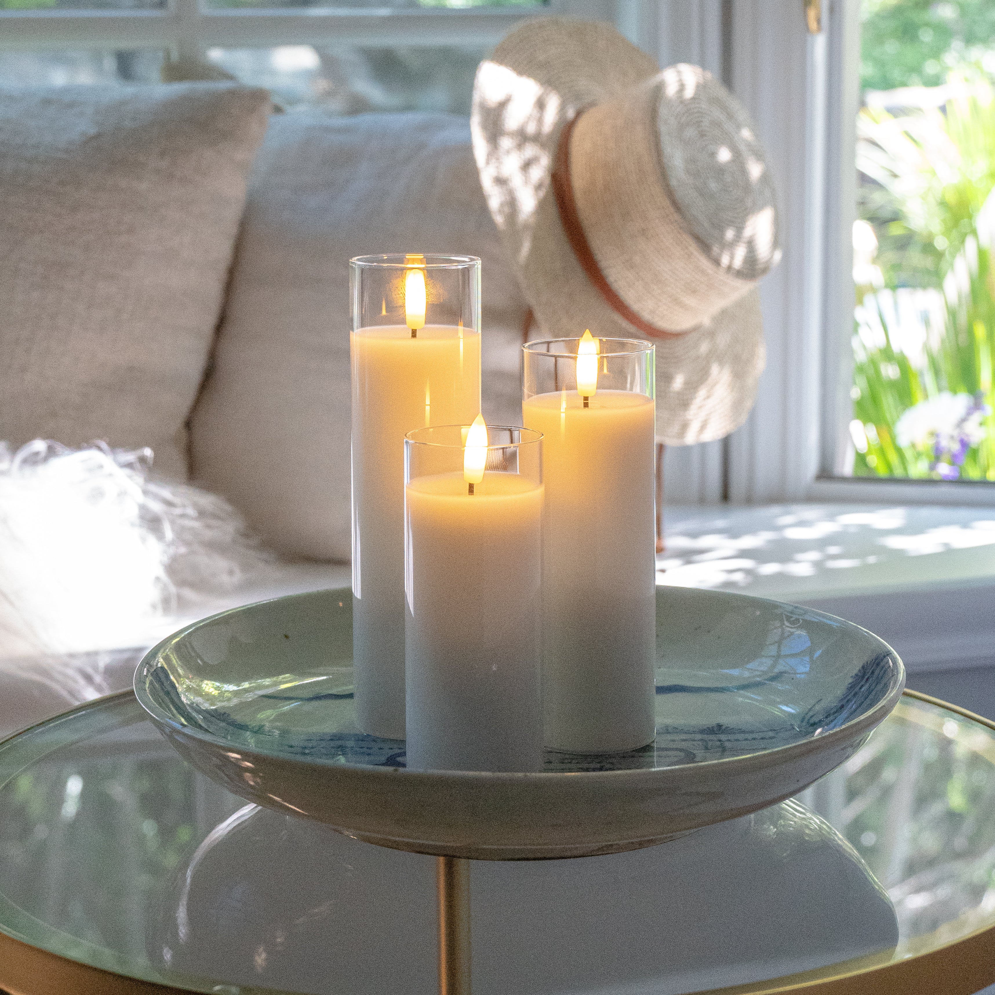 White Pillar Flameless LED Glass Candle (Slender – Set of 3)