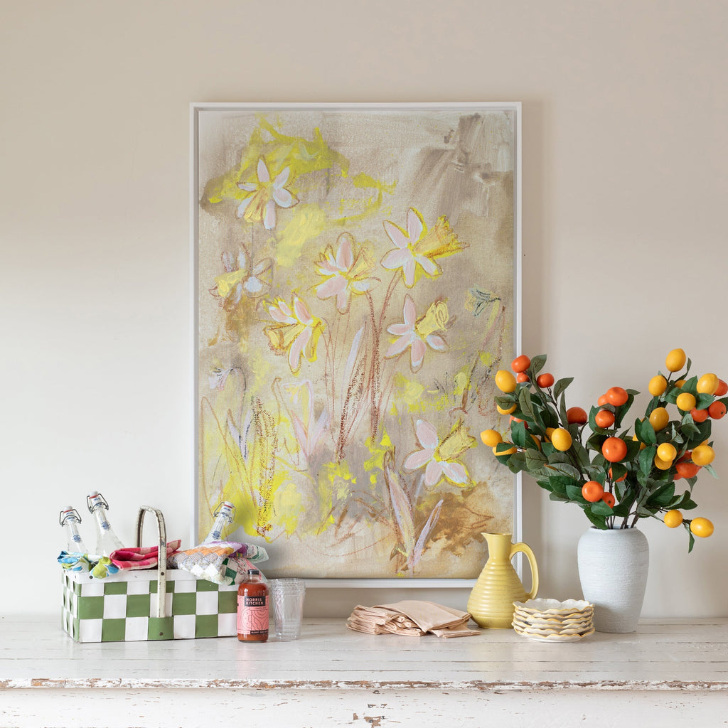 daffodils on straw canvas