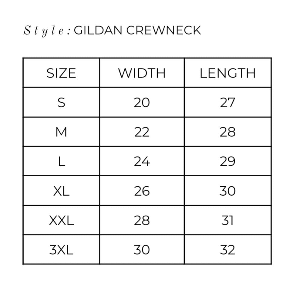 size chart for gildan crewneck
