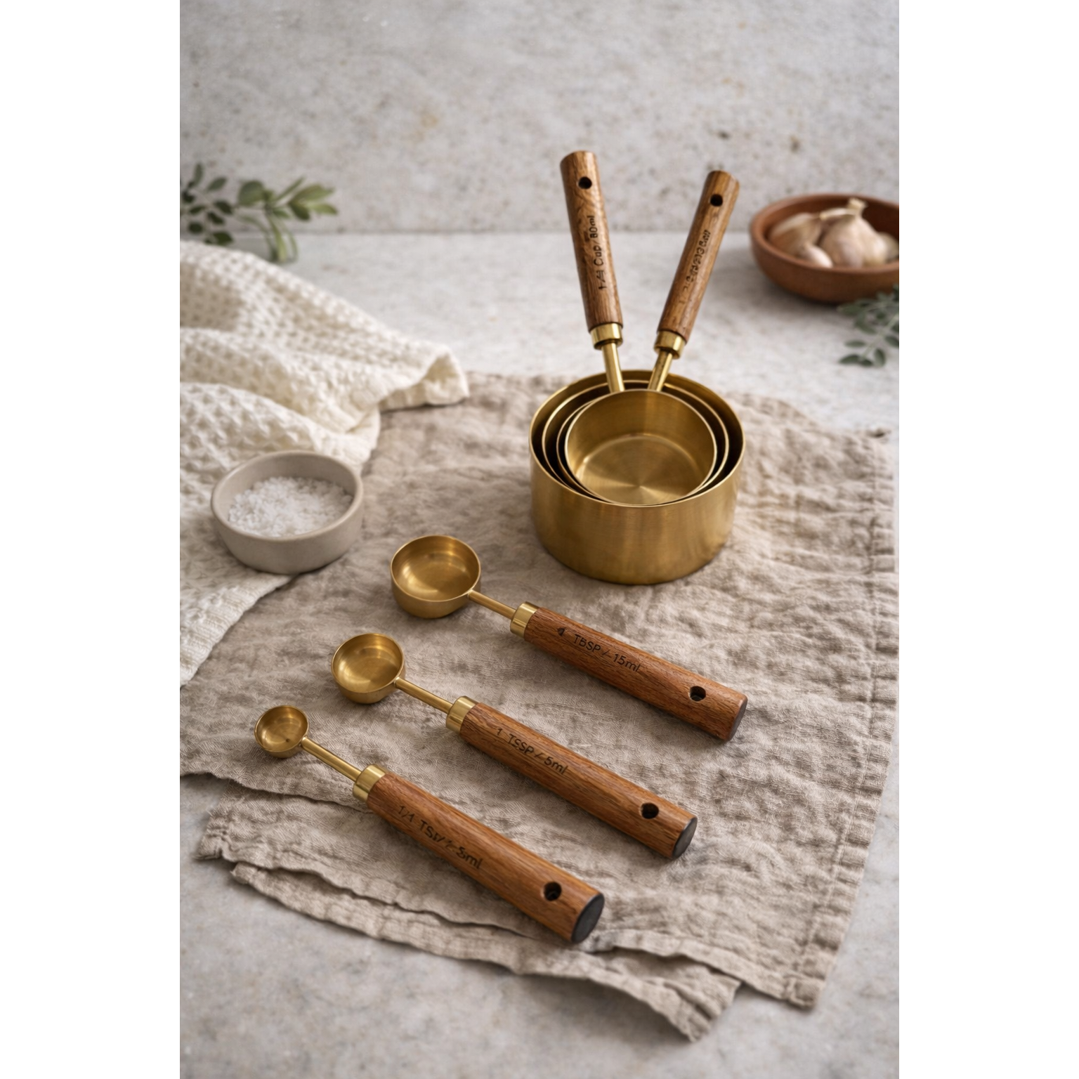 Acacia Wood and Gold Measuring Cups, Set of 8