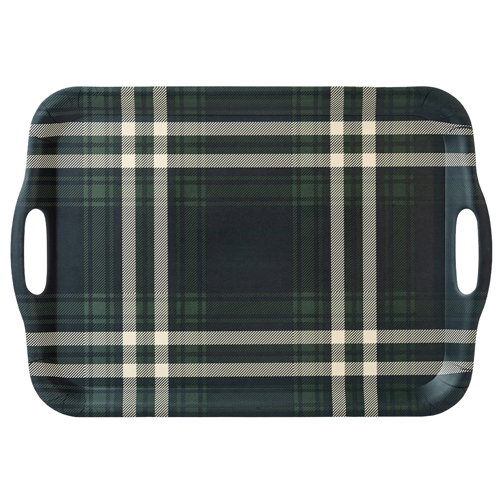 Navy Green Plaid Large Melamine Tray with Handles