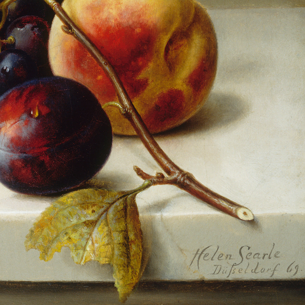 still life with fruit & champagne design details featuring the original artist's name in the bottom right