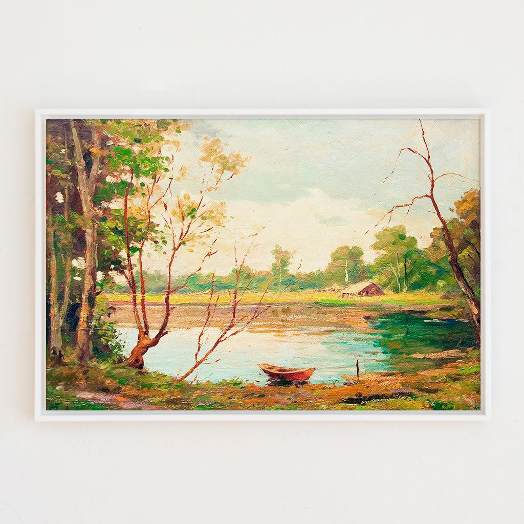 canoe on a peaceful lake canvas