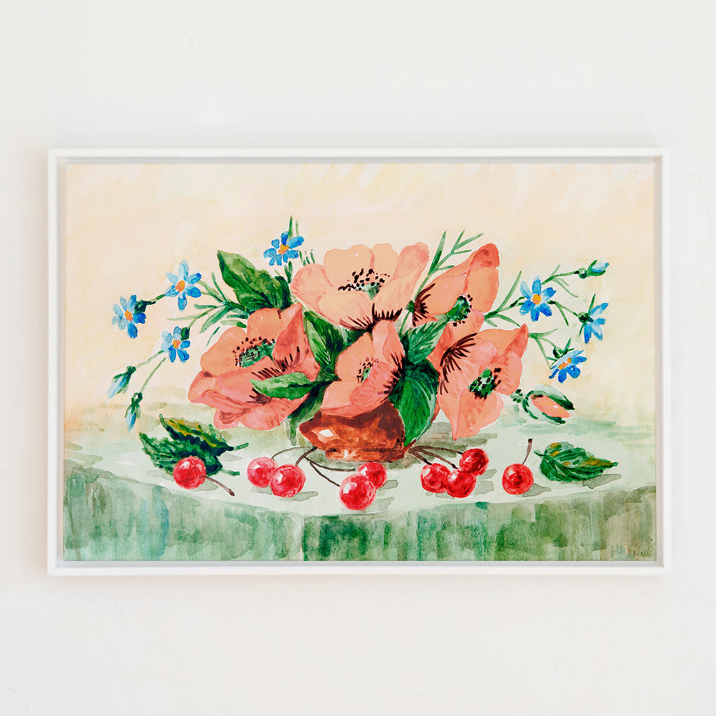 Vintage Cherries and Poppies Canvas Wall Art . Rectangle