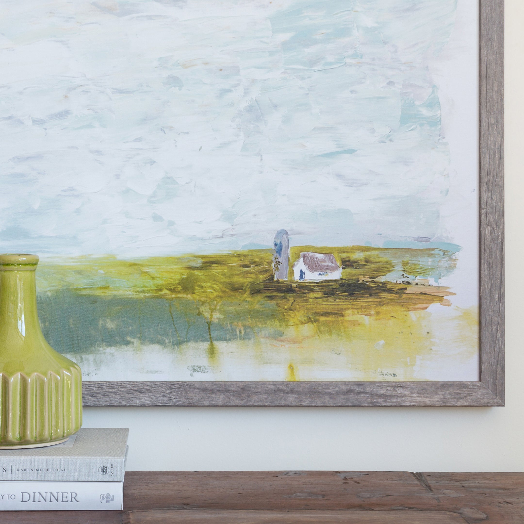 Details of Little White Barn canvas framed in Grey Barnwood, size 38 x 30