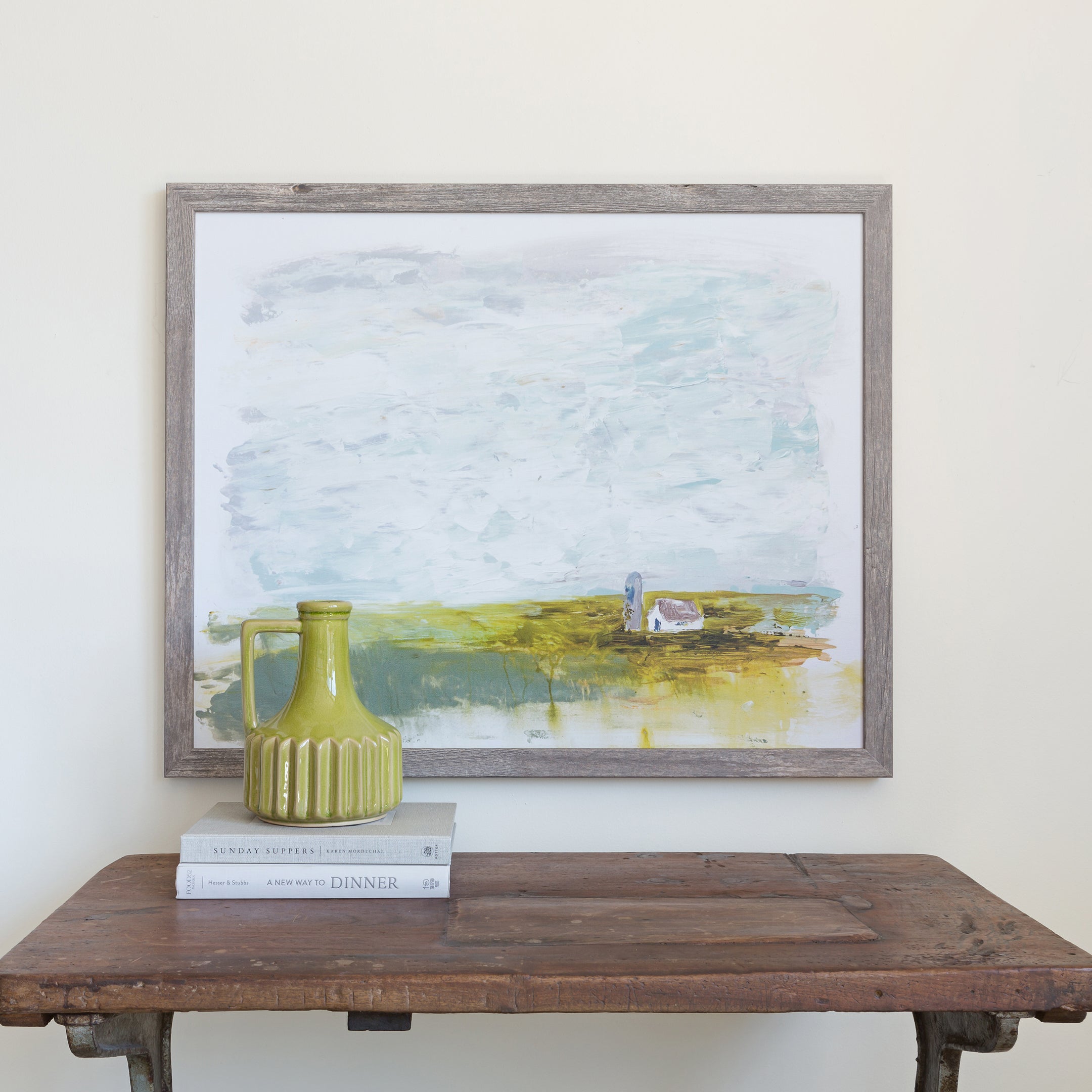 Little White Barn canvas framed in Grey Barnwood, size 38 x 30