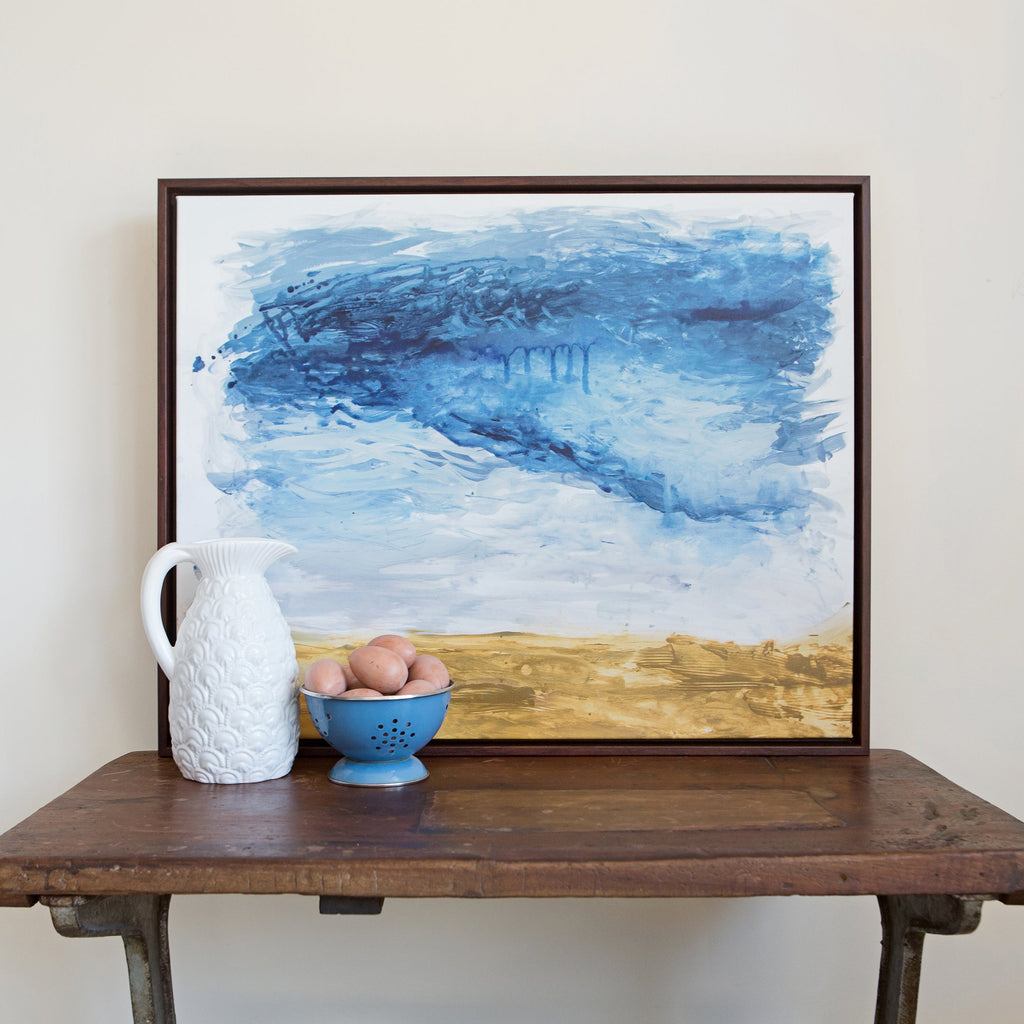 chambray sky abstract canvas framed in the gallery walnut frame, size 30 x 24