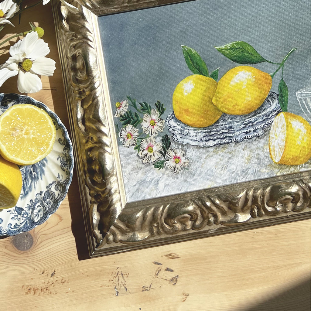 lemon still life canvas framed in antique gold, size 10 x 8