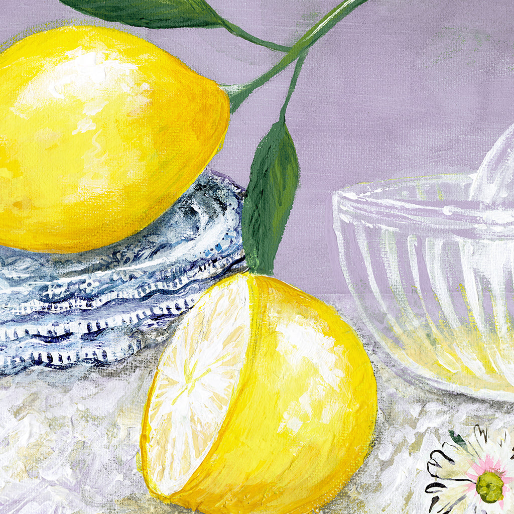 lemon still life on lavender design details