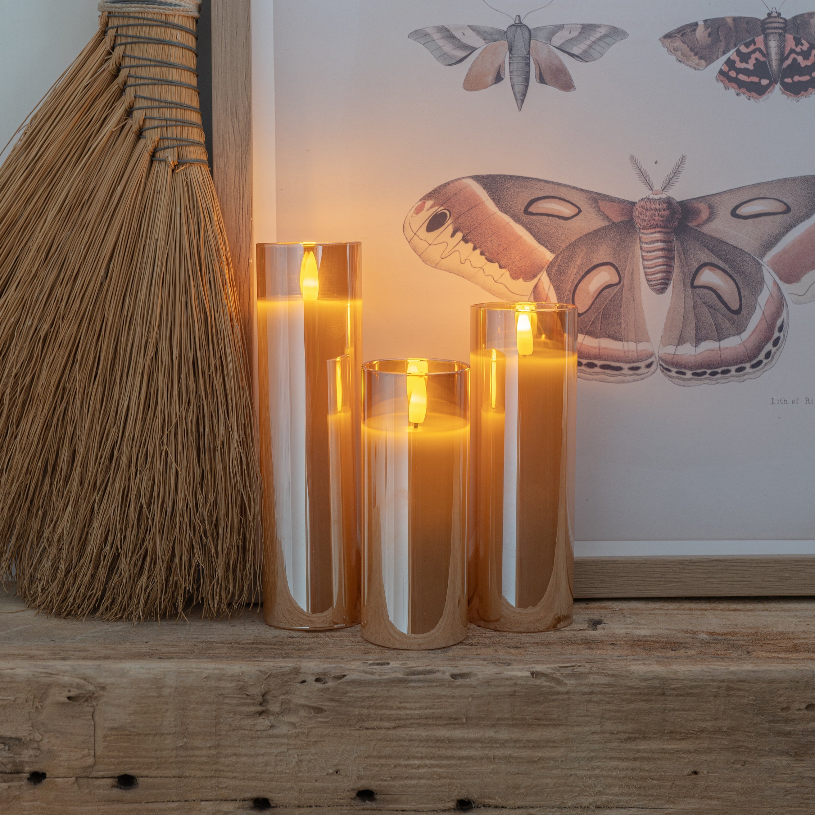 Amber Pillar Flameless LED Glass Candle (Slender – Set of 3)