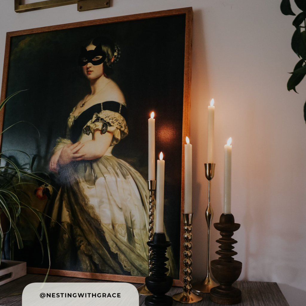 photo & styling by @nestingwithgrace. featuring queen victoria & her cat mask, 30 x 38 canvas framed in shaker oak. 