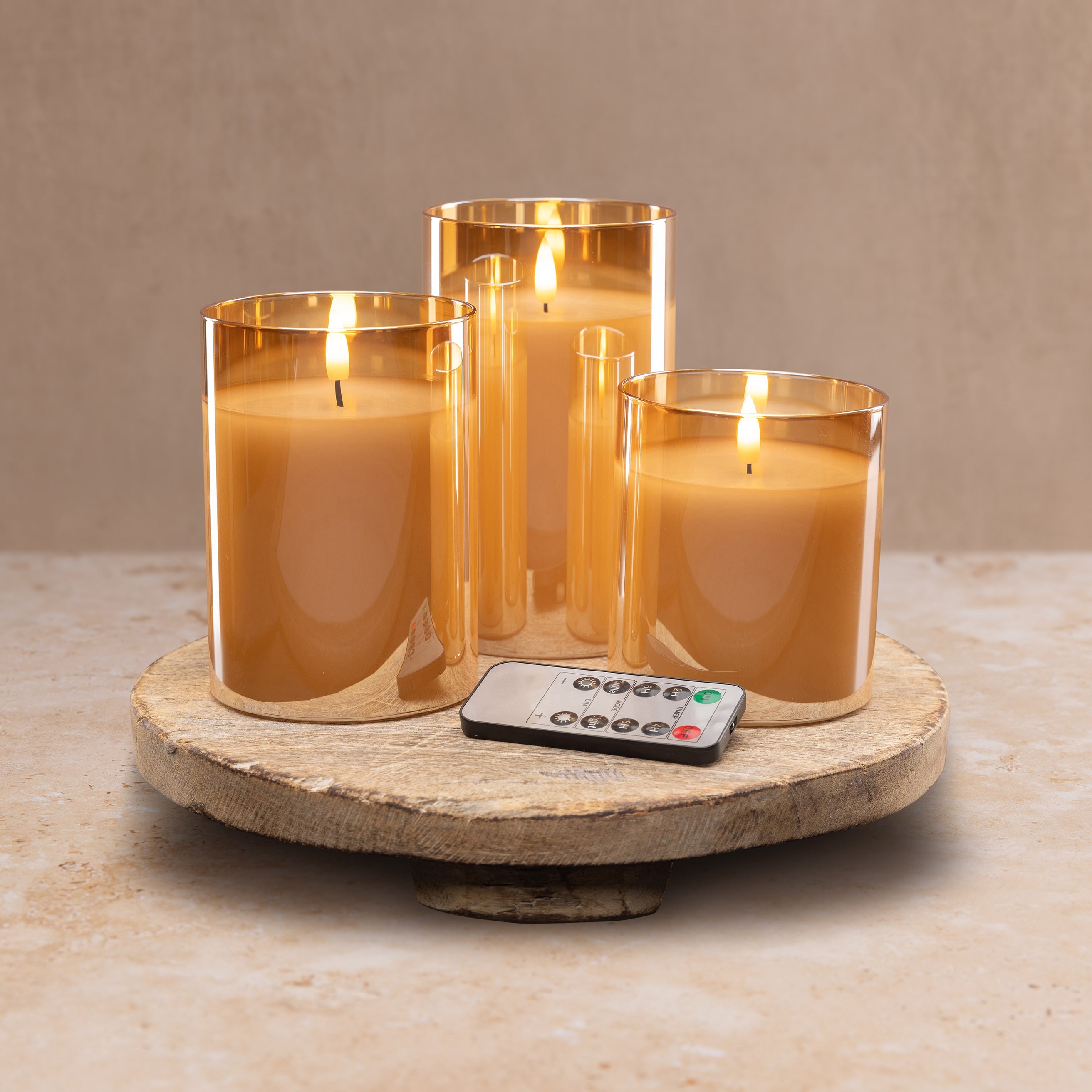 Amber Pillar Flameless LED Glass Candle (Set of 3)