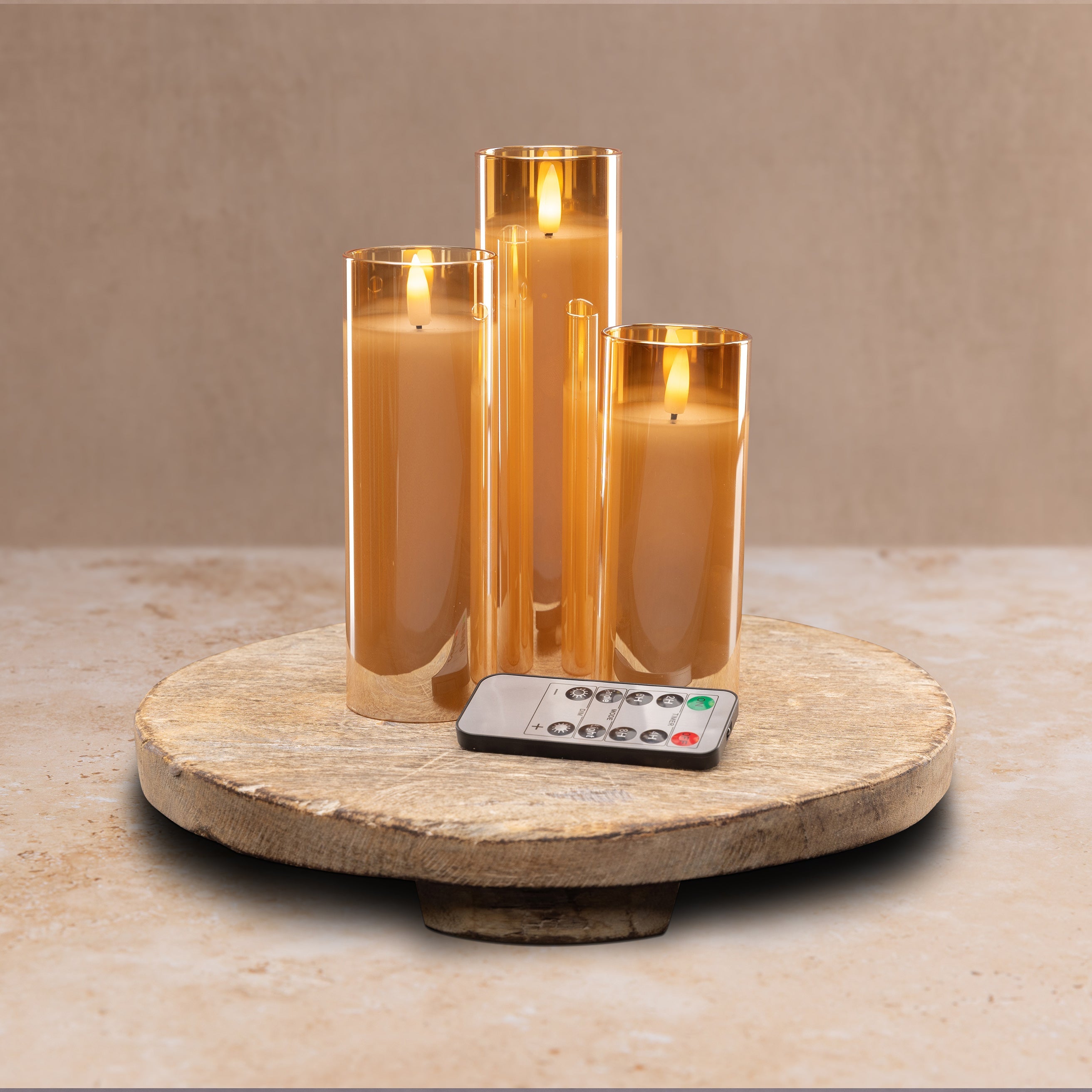 Amber Pillar Flameless LED Glass Candle (Slender – Set of 3)