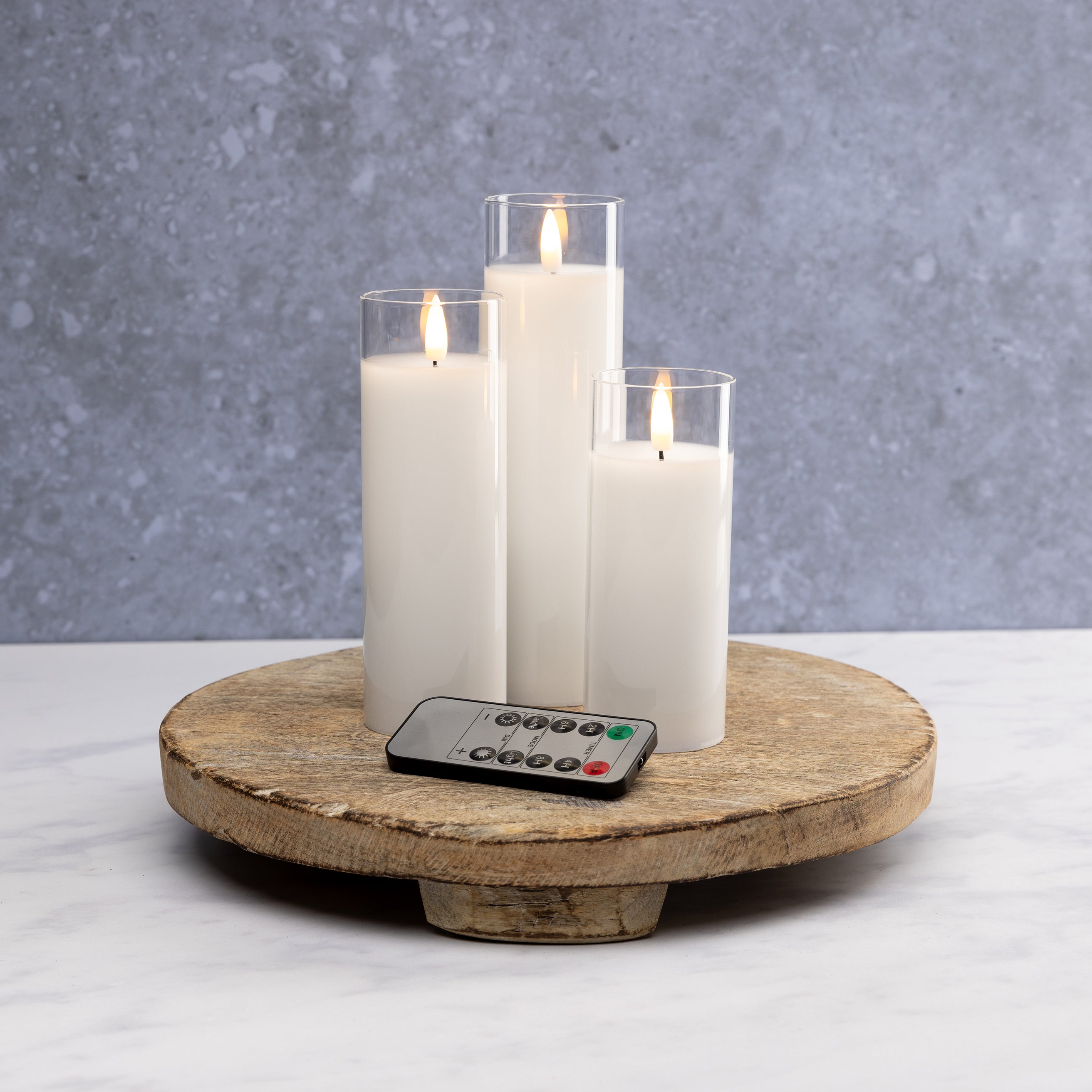 White Pillar Flameless LED Glass Candle (Slender – Set of 3)