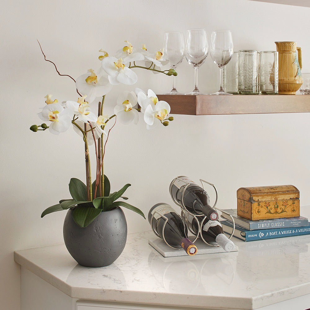 25" Lifelike Artificial White Double Stem Orchid Plant in Modern Grey Pot