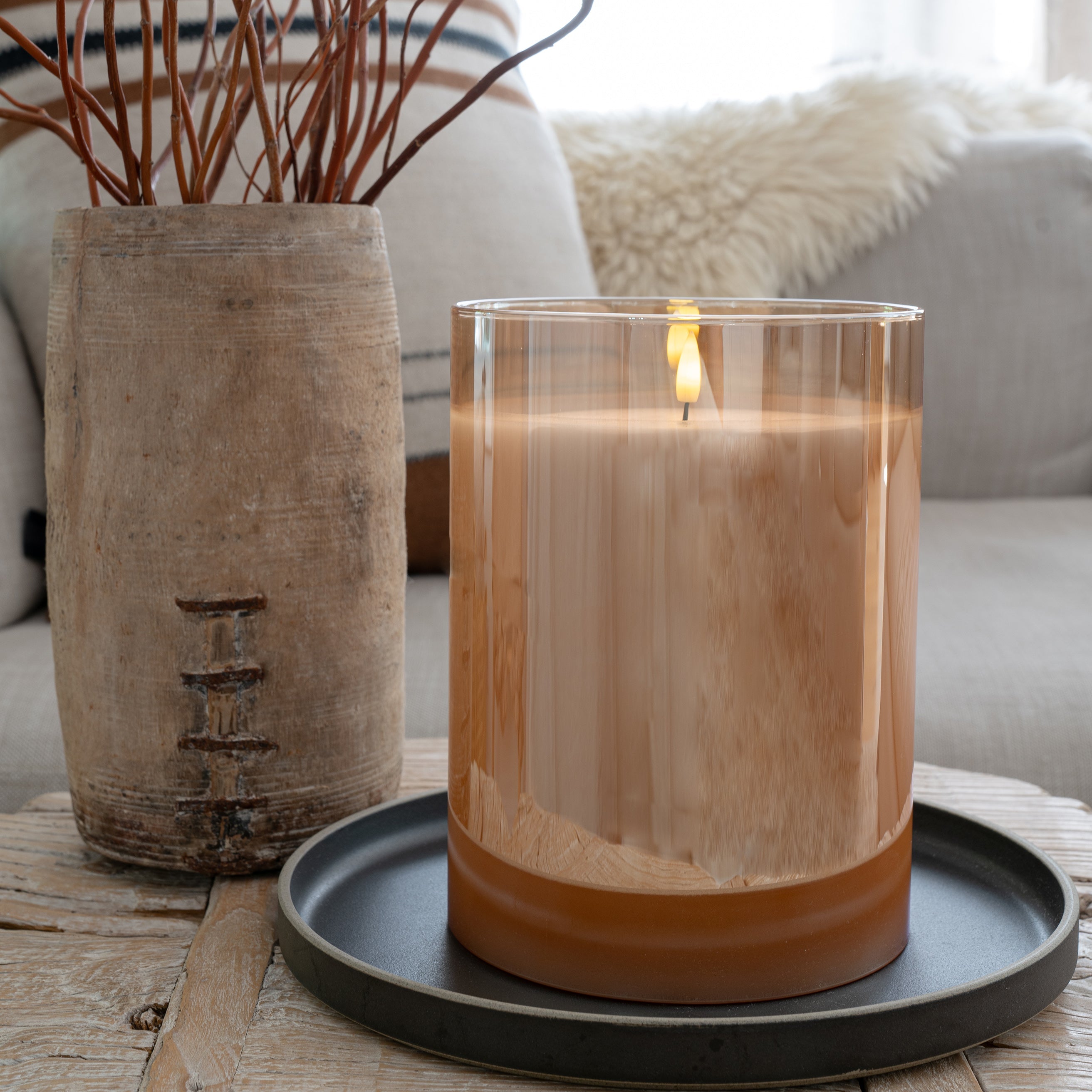 Huge Amber LED Flameless Hurricane Glass Candle