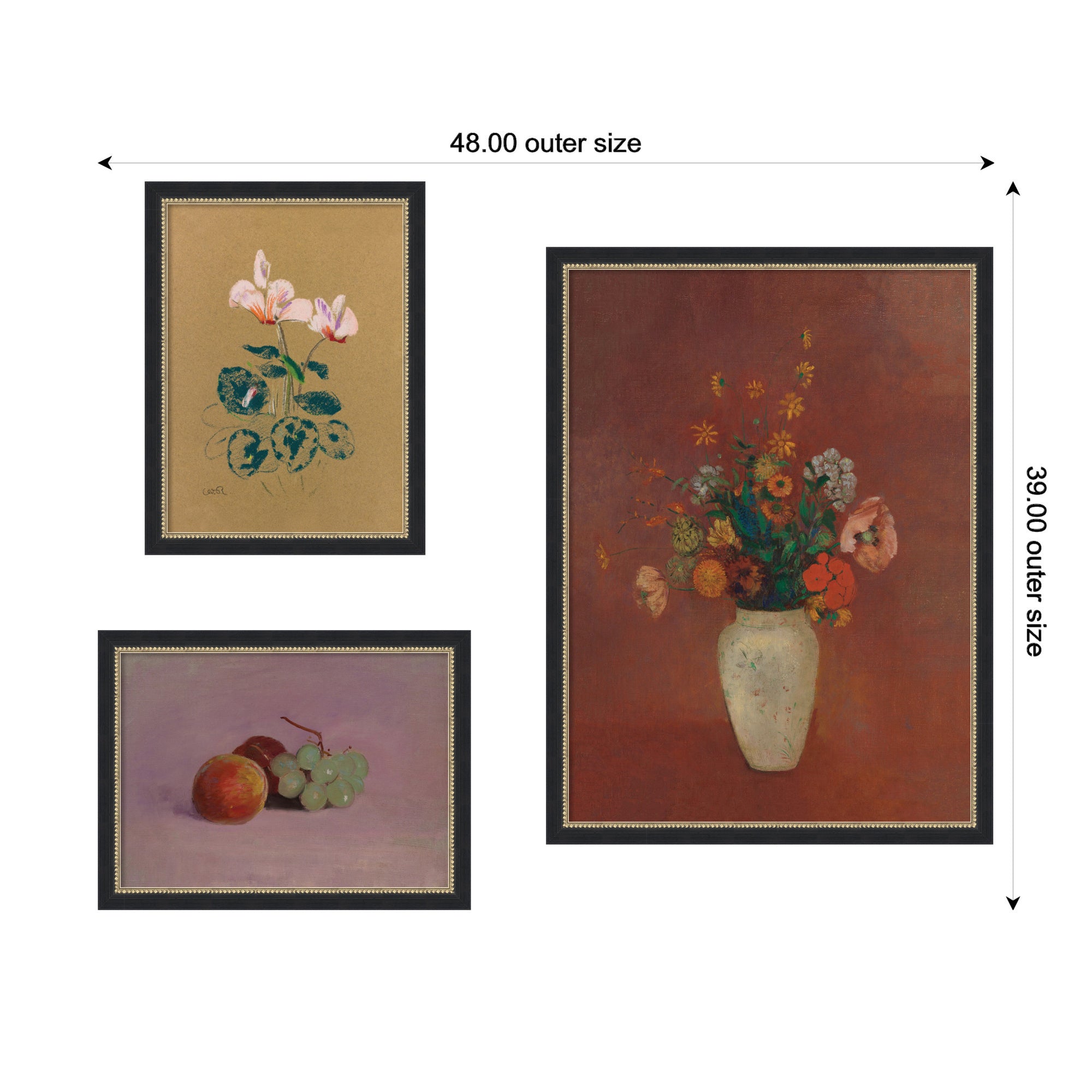 3 Piece Framed Wall Art Print Set (Cyclamen, Still Life with Fruit, & Bouquet in a Chinese Vase)