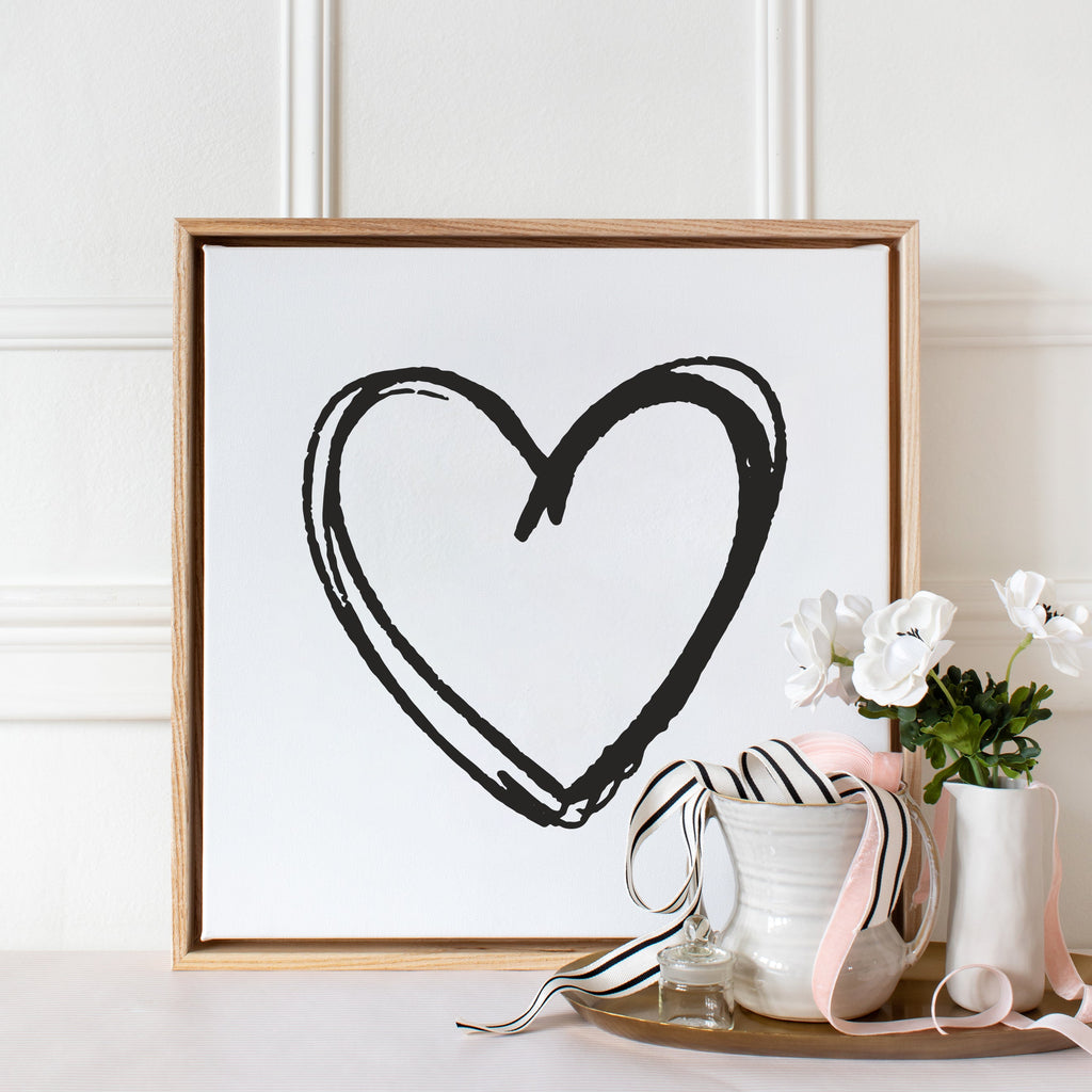 sketchy heart canvas in white framed in gallery natural, size 16 x 16