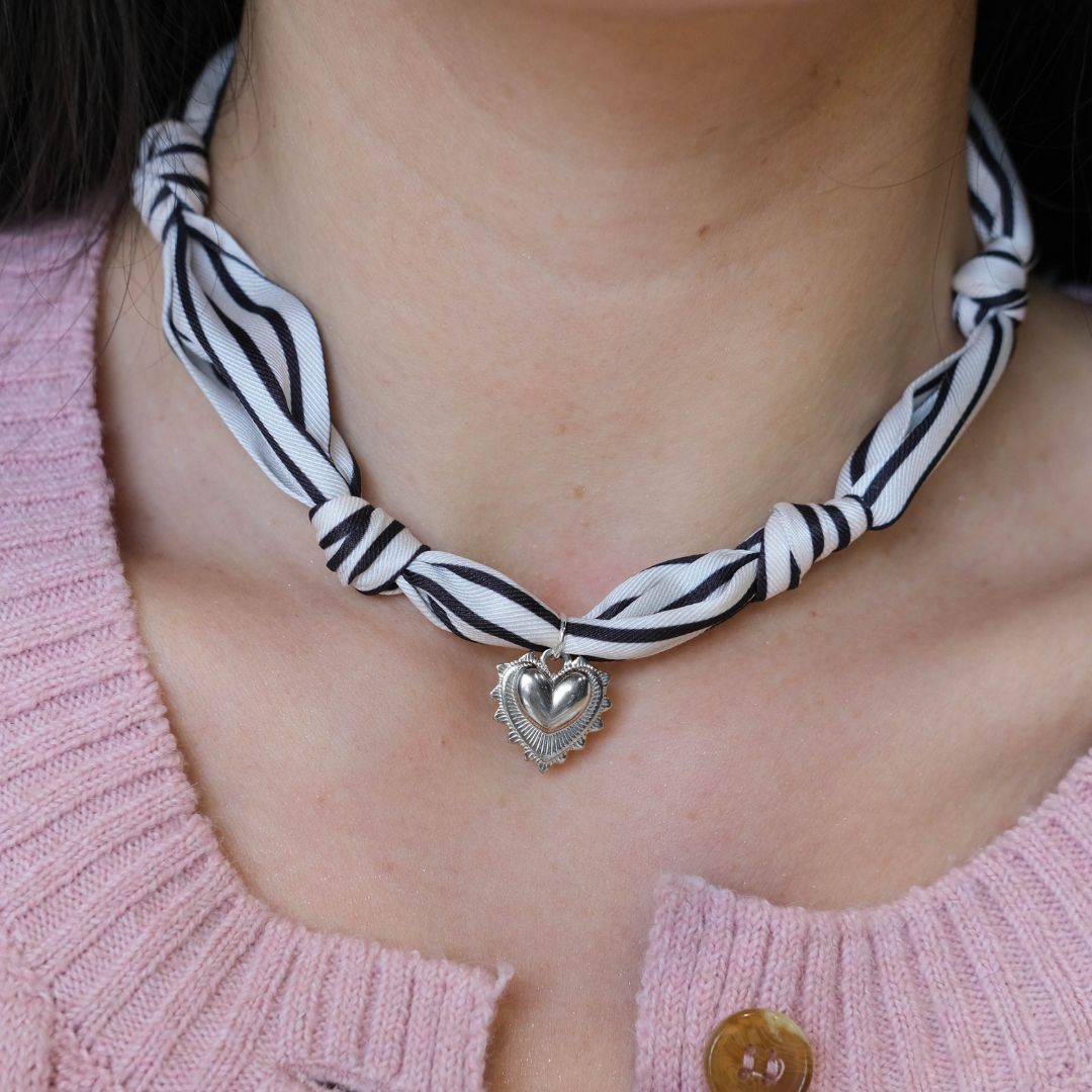 Black & White Stripe Satin Scarf Necklace in Silver
