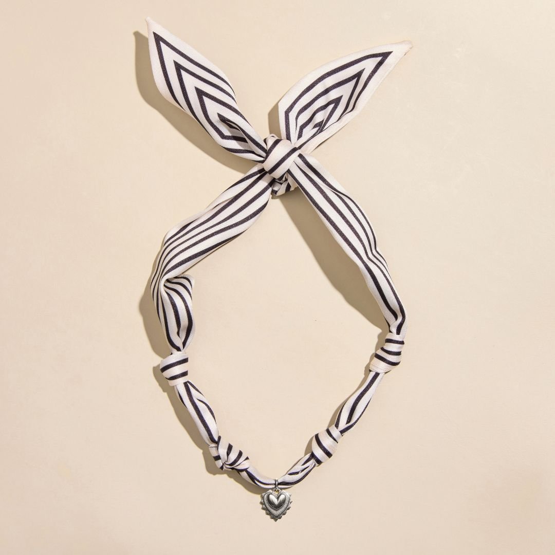 Black & White Stripe Satin Scarf Necklace in Silver