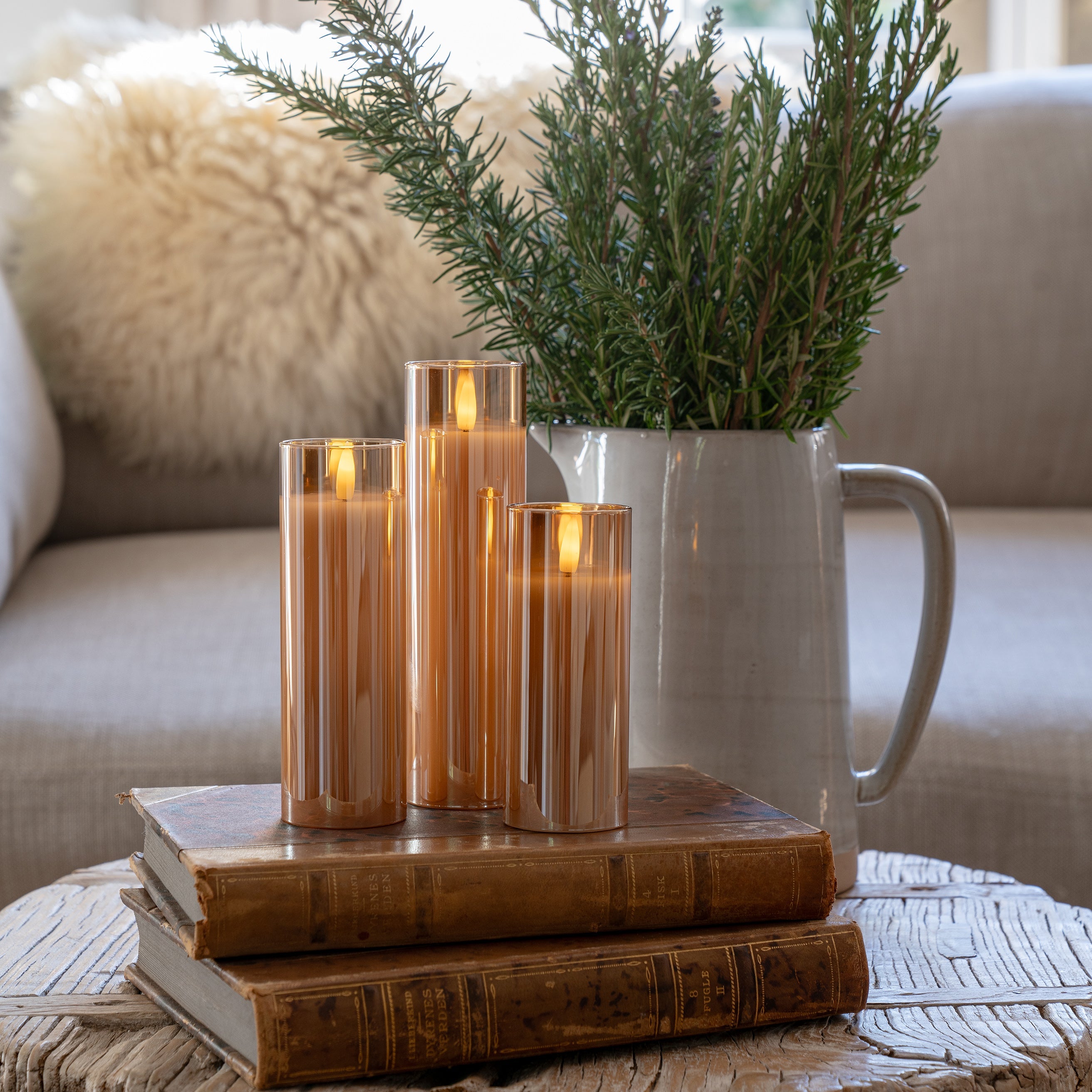 Amber Pillar Flameless LED Glass Candle (Slender – Set of 3)