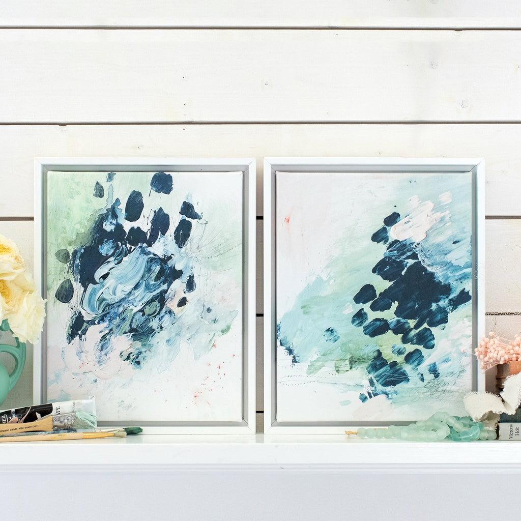 blue crush and island storm canvases framed in gallery white, size 16 x 20