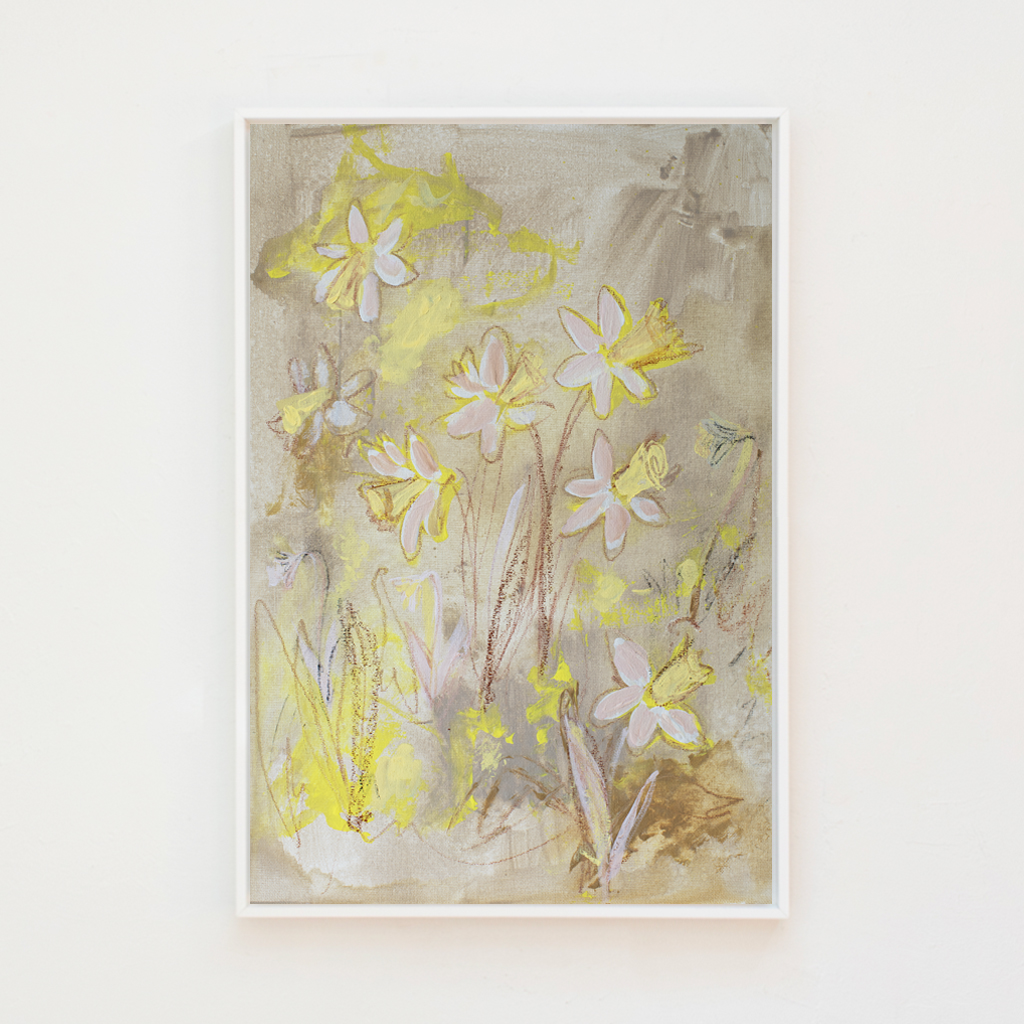 daffodils on straw canvas