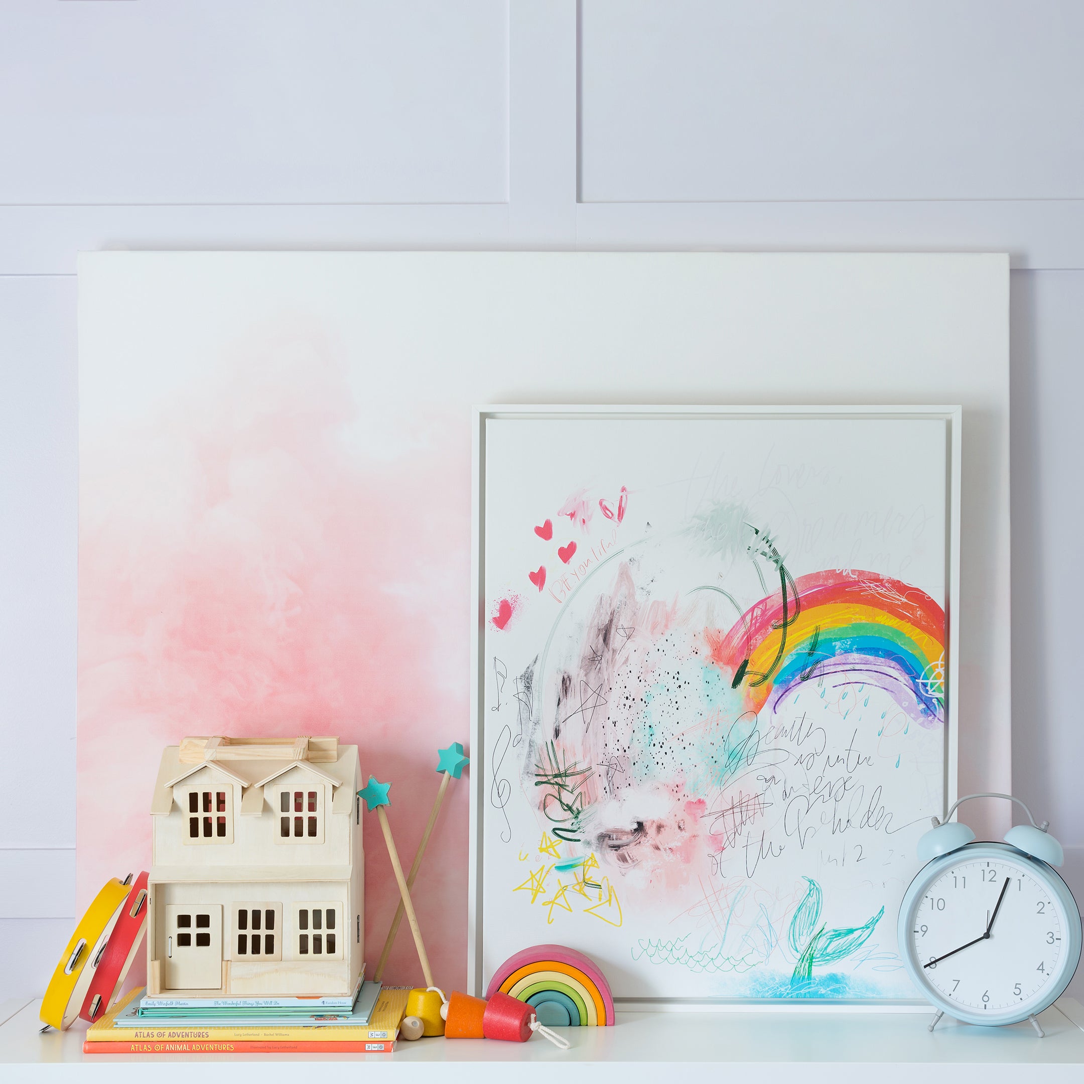Pink Cloud unframed canvas, size 50 x 40 with Rainbow Daydream canvas framed in Gallery White, size 24 x 30