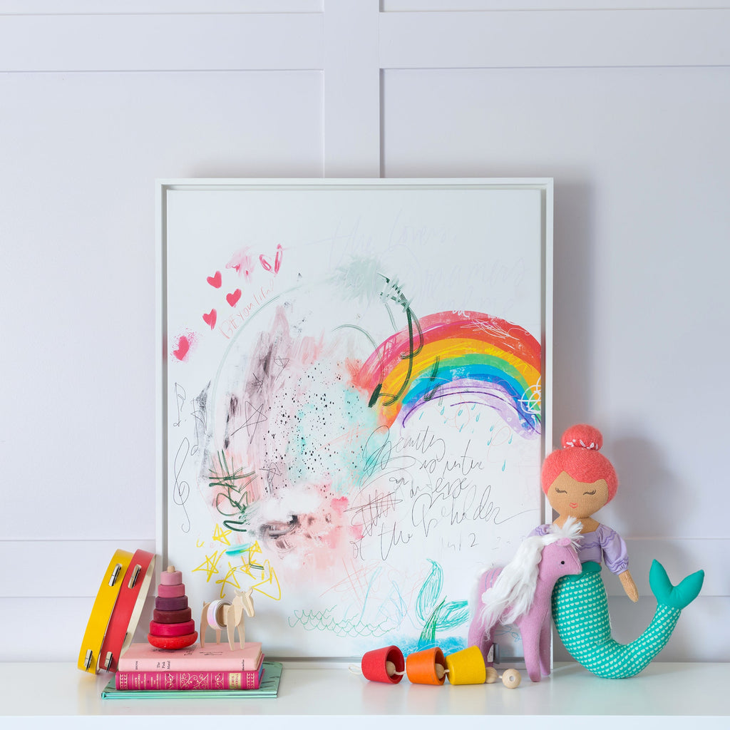 rainbow daydream canvas framed in gallery white, size 24 x 30
