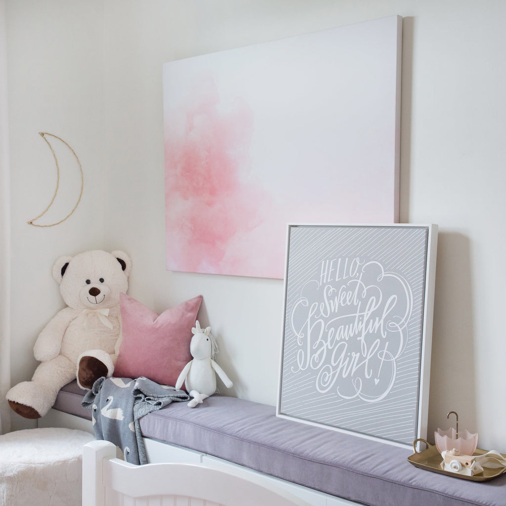 pink cloud unframed canvas, size 50 x 40 with sweet beautiful girl canvas in warm grey framed in gallery white, size 24 x 30