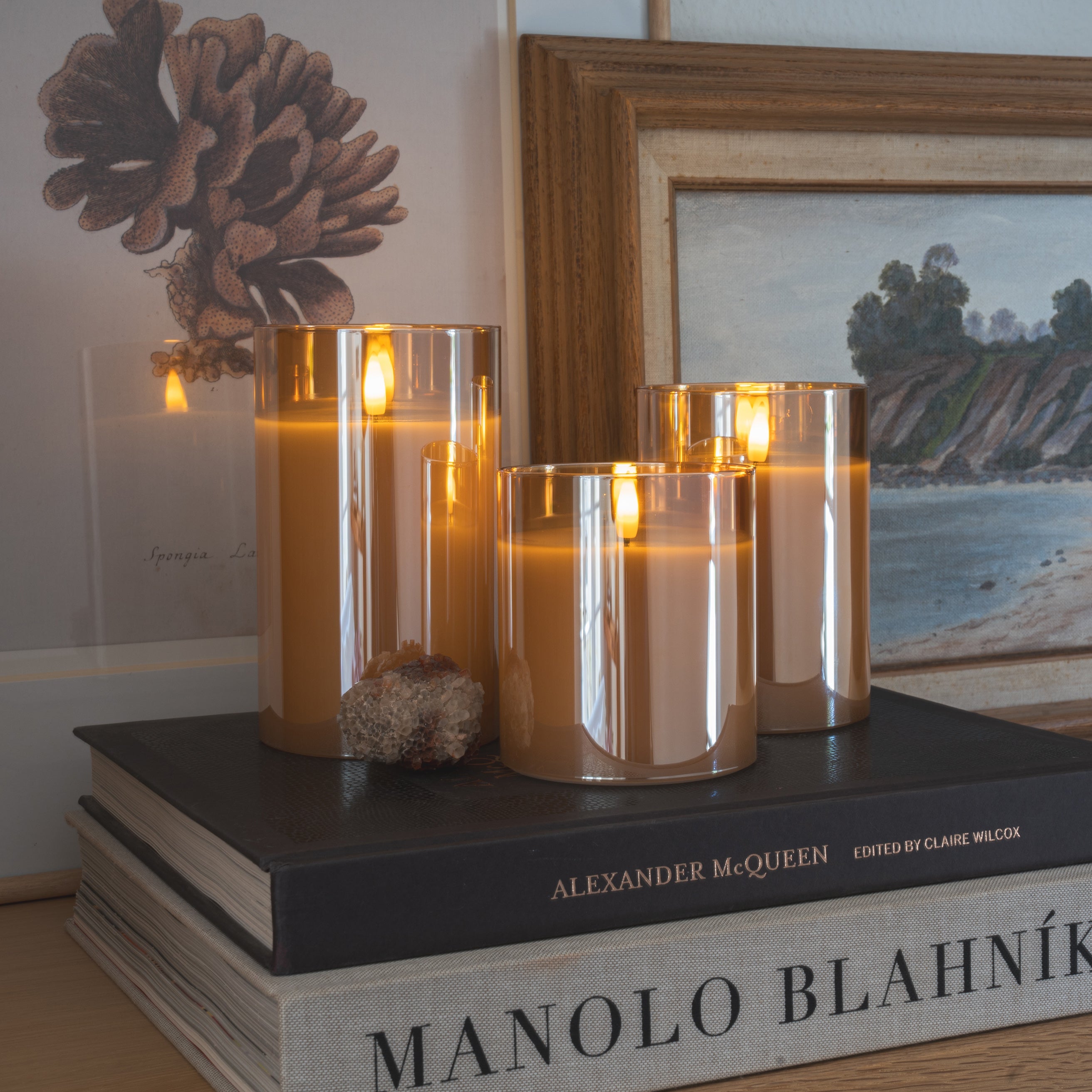 Amber Pillar Flameless LED Glass Candle (Set of 3)