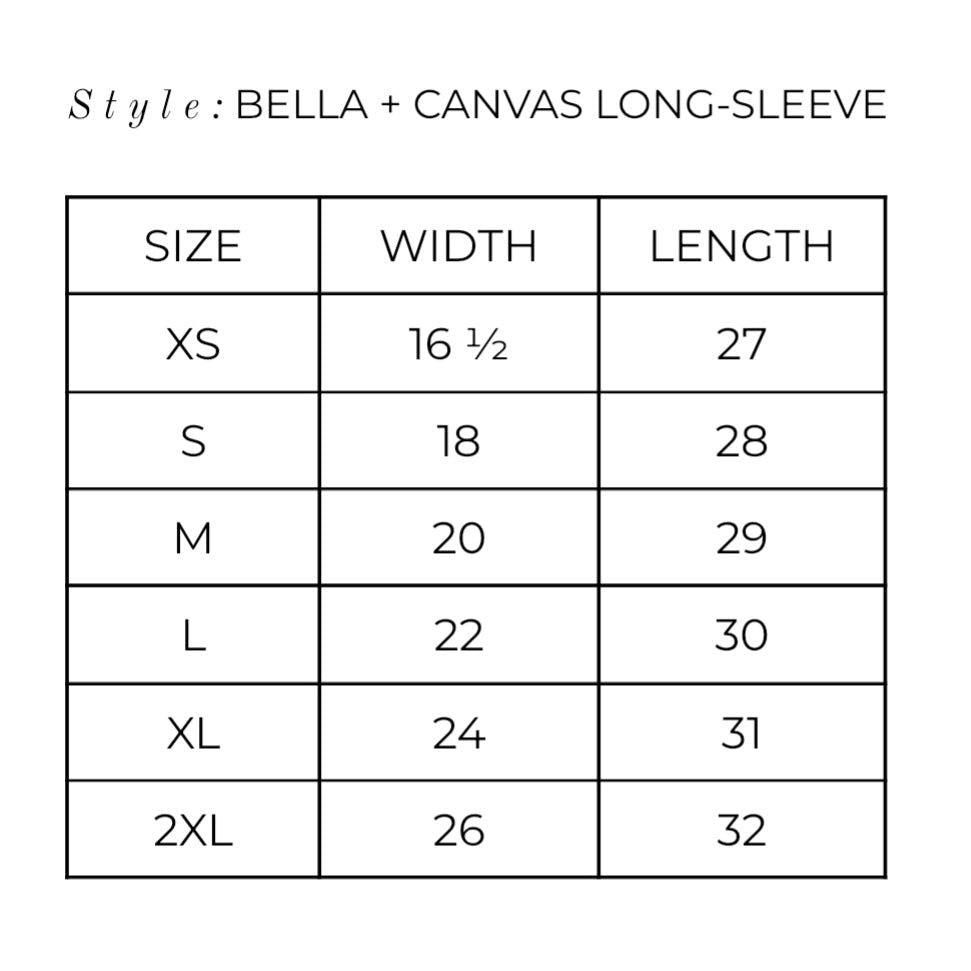 bella + canvas long sleeve size chart