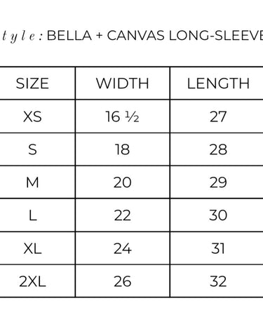 Bella + Canvas Long Sleeve Size Chart