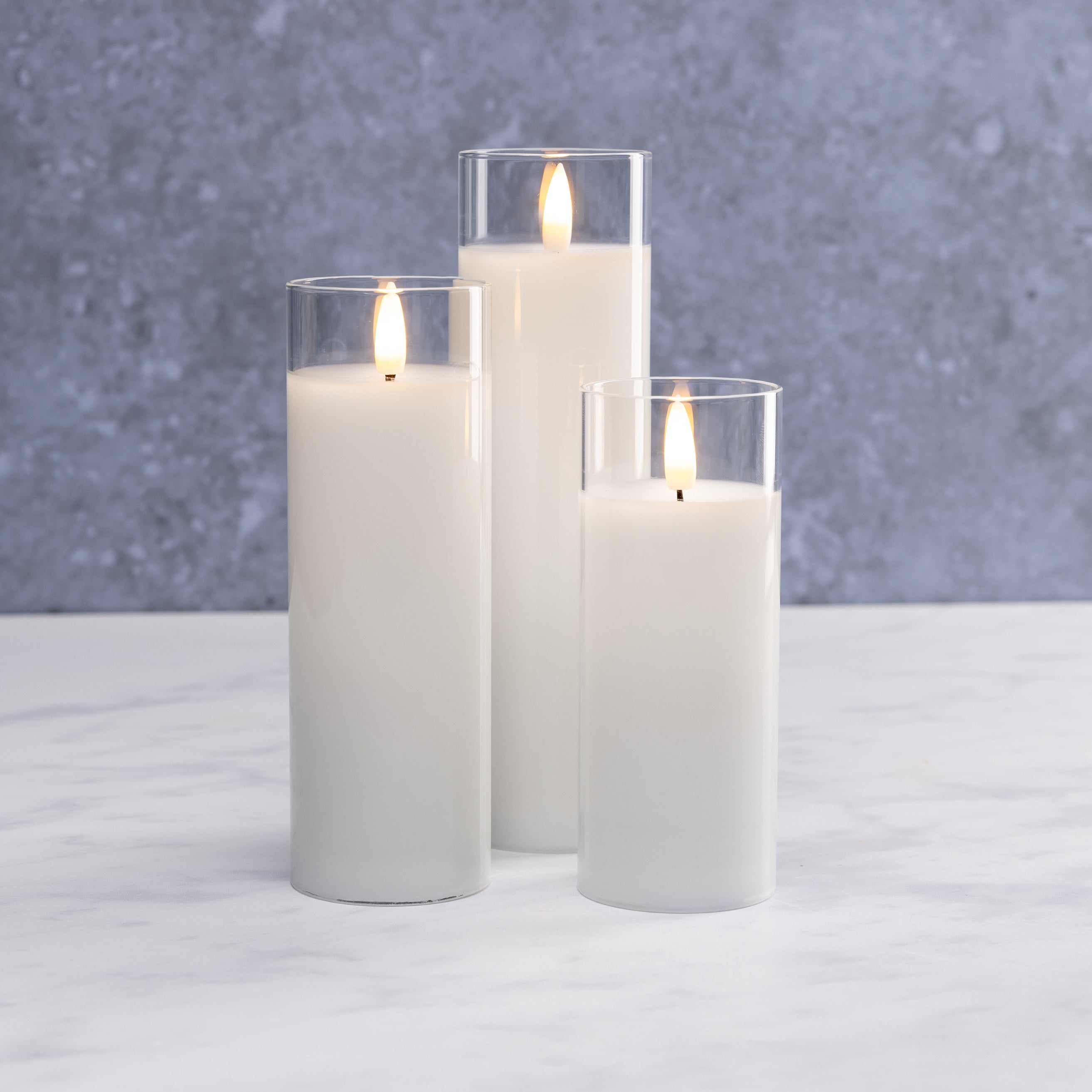 White Pillar Flameless LED Glass Candle (Slender – Set of 3)
