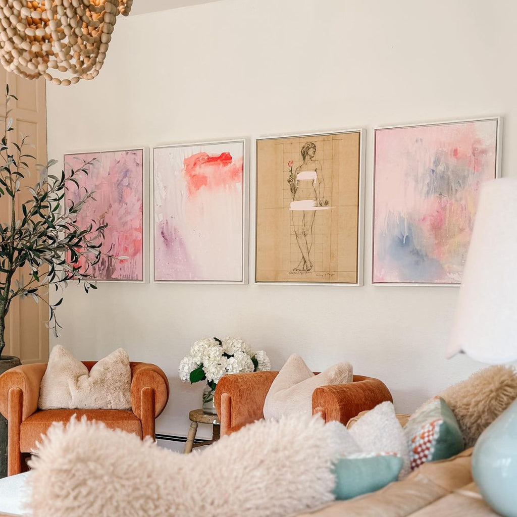 sunkissed, sparkled violet, painted lady botany, and space cowgirl canvases each framed in gallery white, sized 24 x 30. photo & room design courtesy of @ponderosa_and_plaid.