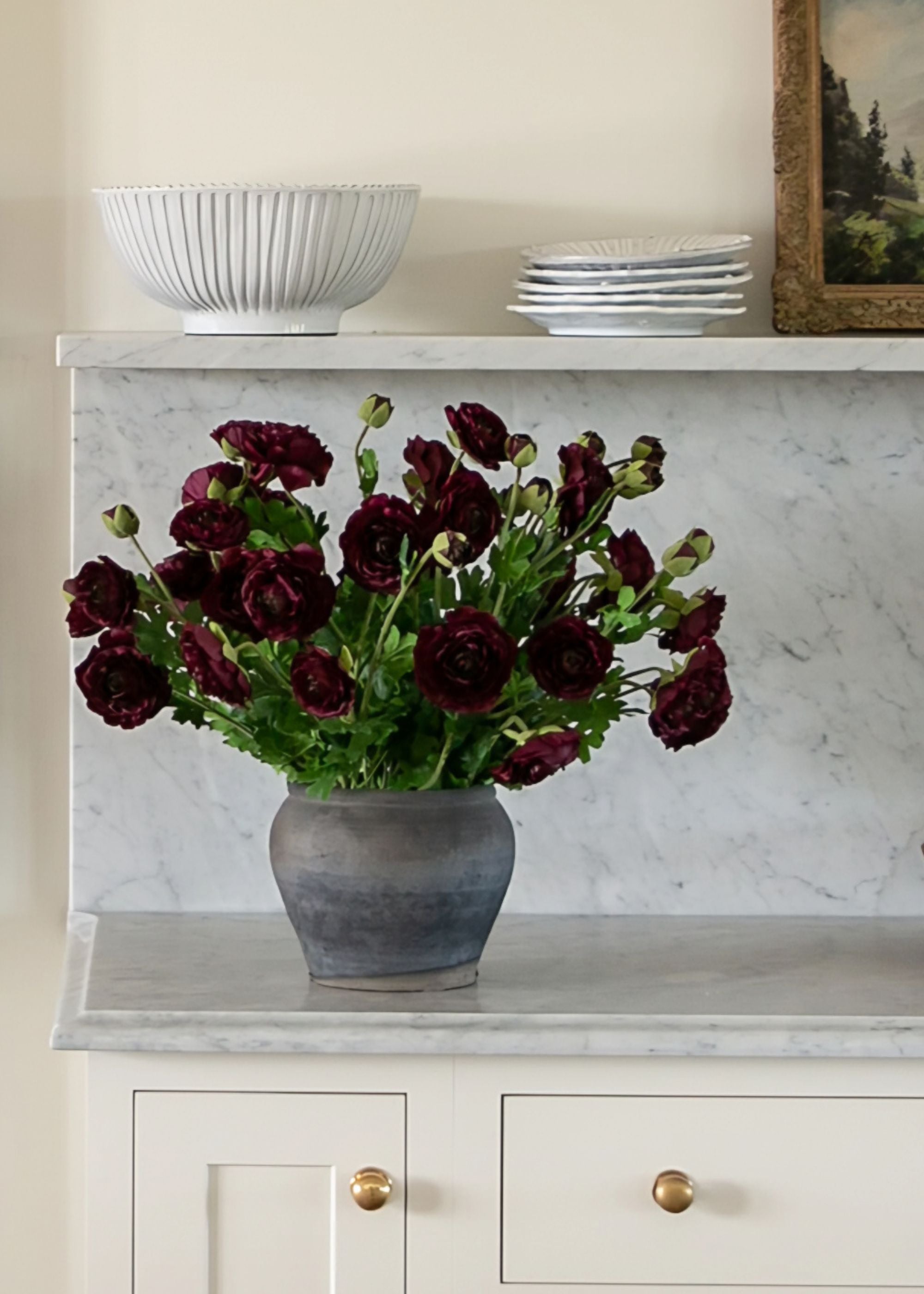 Artificial Ranunculus Flower Bush in Aubergine - 19"