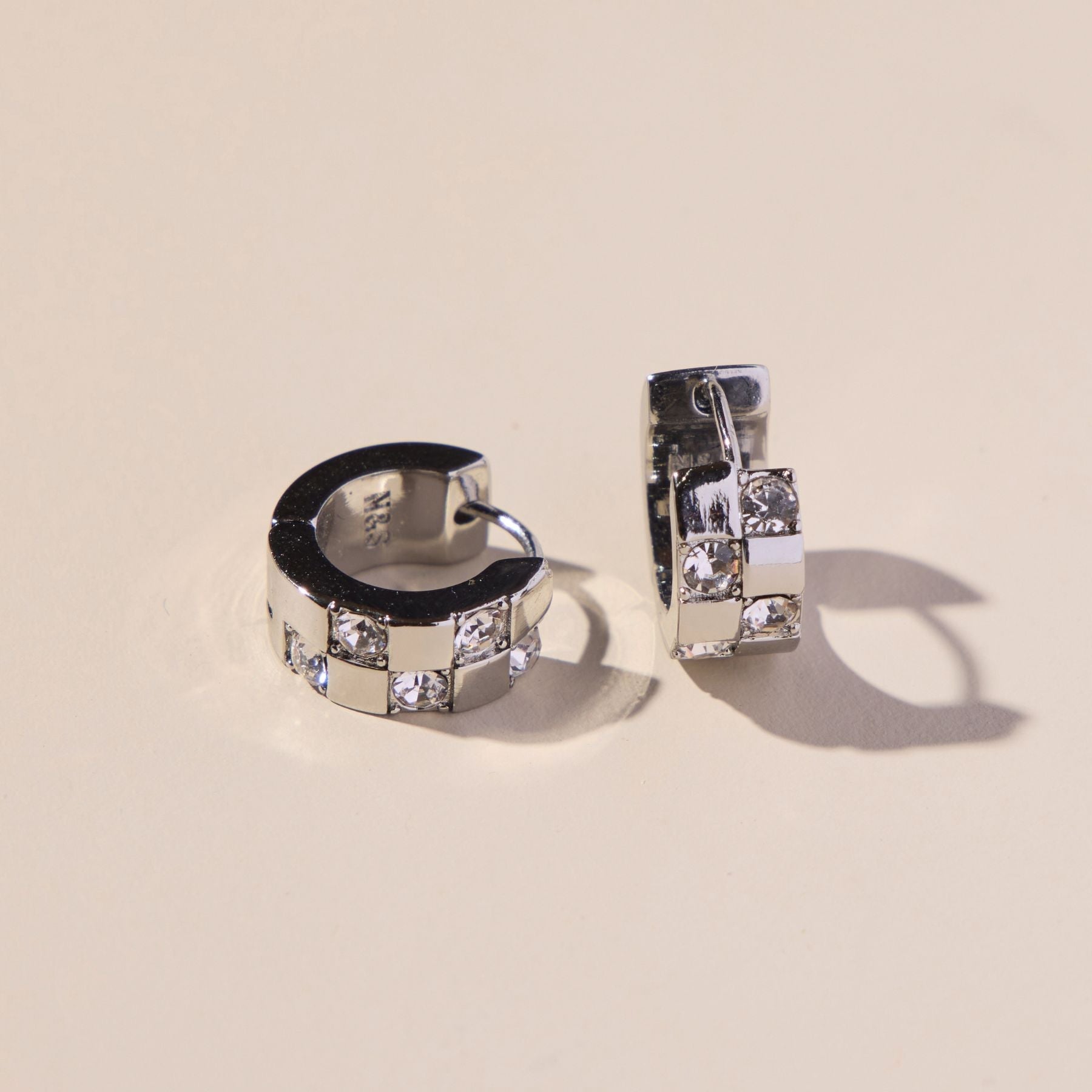 Silver Pavé Checkered Huggies