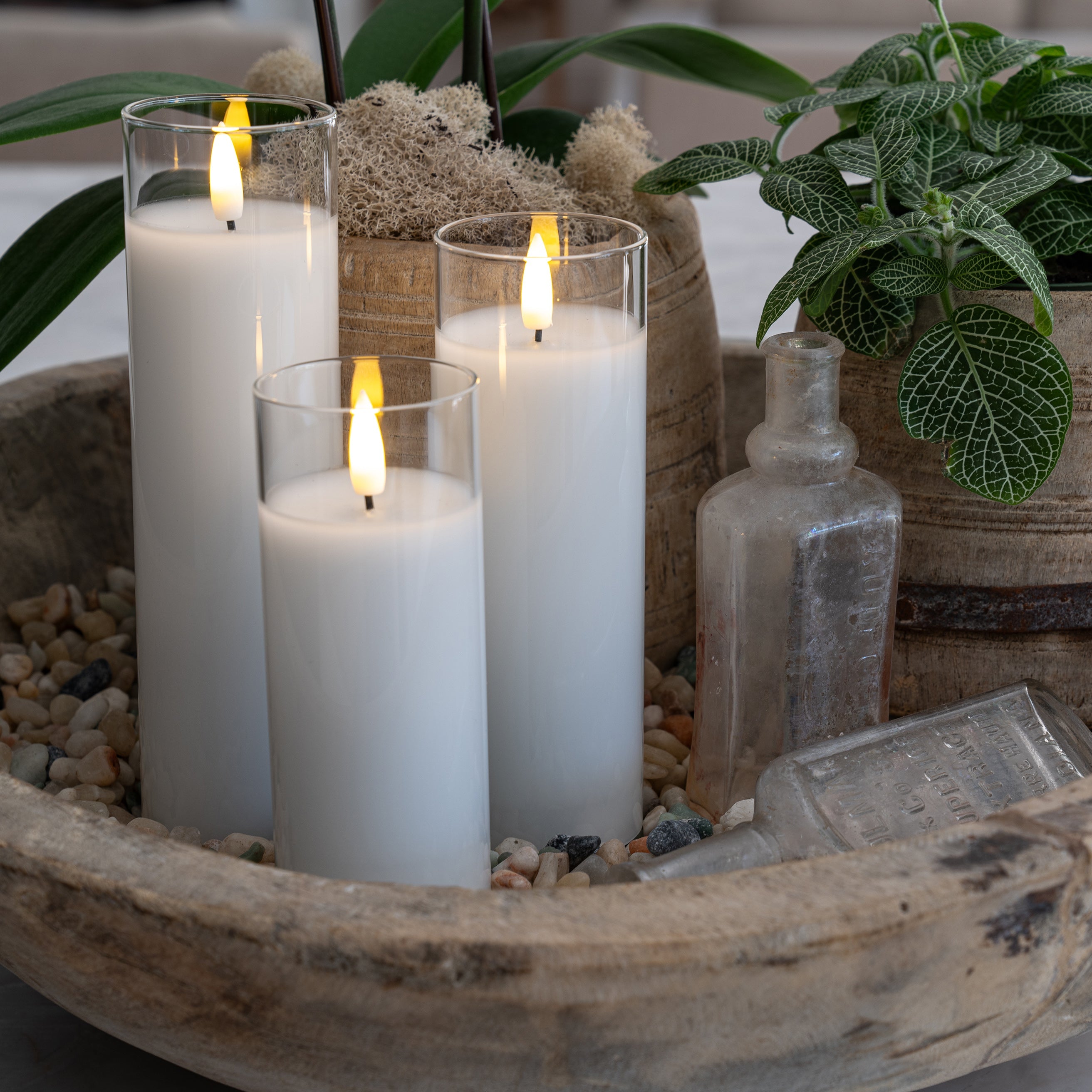 White Pillar Flameless LED Glass Candle (Slender – Set of 3)